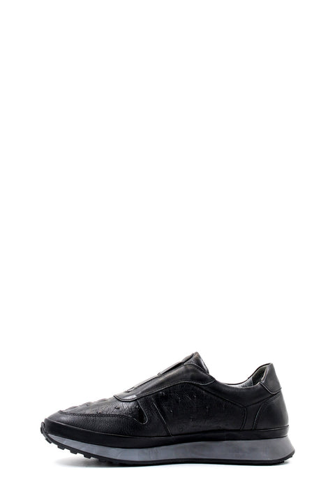 Men's Black Leather Sneakers with Textured Sole - Wessi