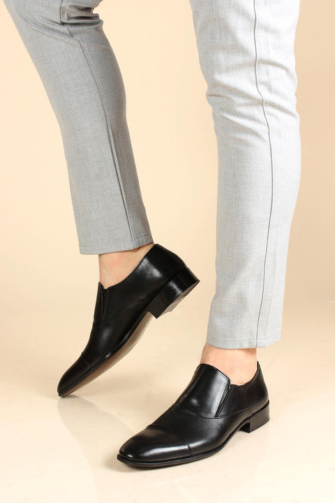 Men's Black Leather Slip-On Dress Shoes with Cap Toe - Wessi