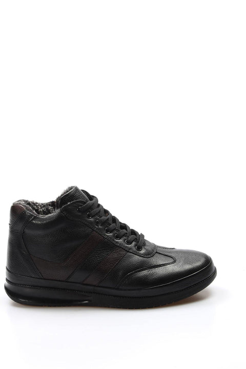 Men's Black High-Top Leather Sneakers with Vegan Furry Lining - Wessi
