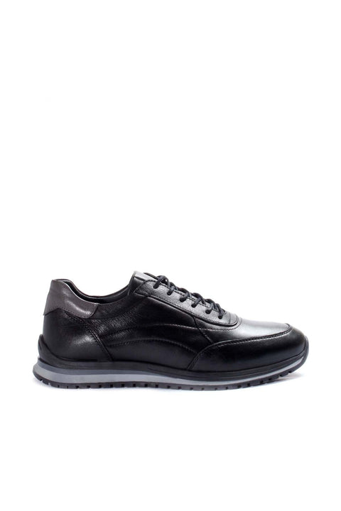Men's Black Leather Lace-Up Sneakers with Contrast Sole - Wessi