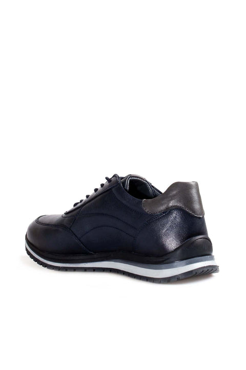 Men's Navy Blue Casual Leather Sneakers with Grey Accents - Wessi