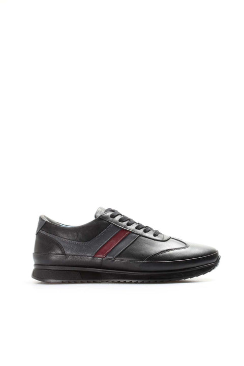Men's Dark Brown Leather Sneakers with Burgundy Stripe - Wessi