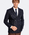 Wide Lapel Striped Double Breasted Navy Blue Men Blazer - Wessi