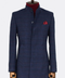 Standing Collar Checked Navy Blue Men Coat - Wessi