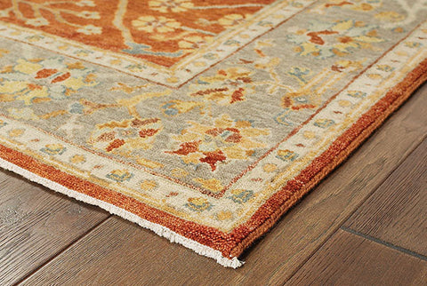 Medalia Area Rug - Orange. Buttermilk Yellow. Light blue gray
