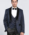 Baroque Patterned Velvet Shawl Collar Vested Navy Blue Tuxedo - Wessi