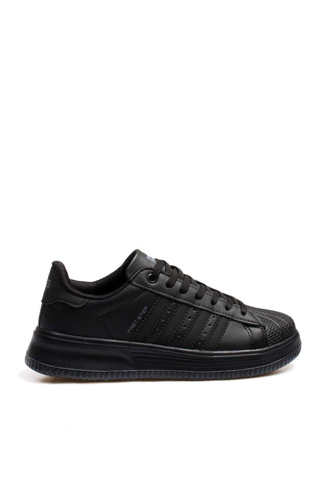 Men's All-Black Leather Low-Top Sneakers with Textured Toe - Wessi