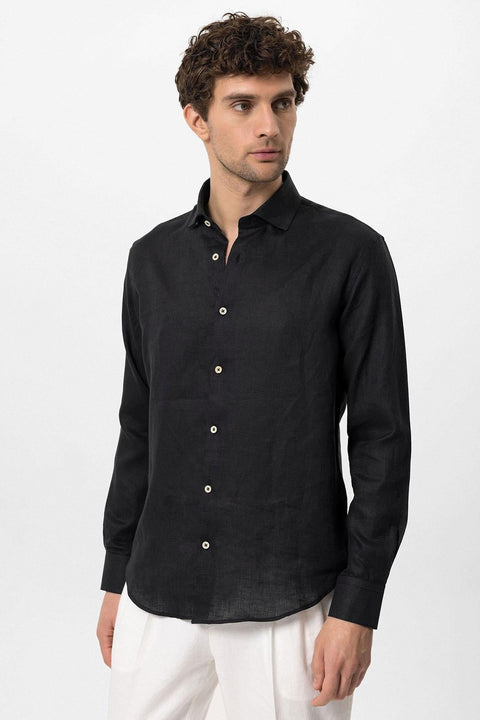 Men's Black Collar Button Detail 100% Linen Shirt - Wessi