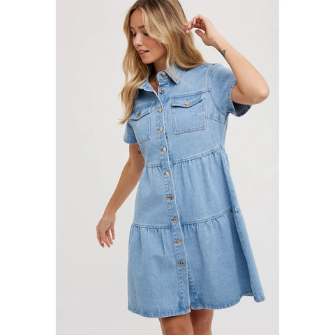 Tiered Denim Shirt Dress in Light Wash for Women