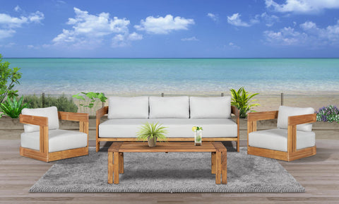 Paradiso Outdoor Solid Teak Wood Sofa - Light Gray Fabric