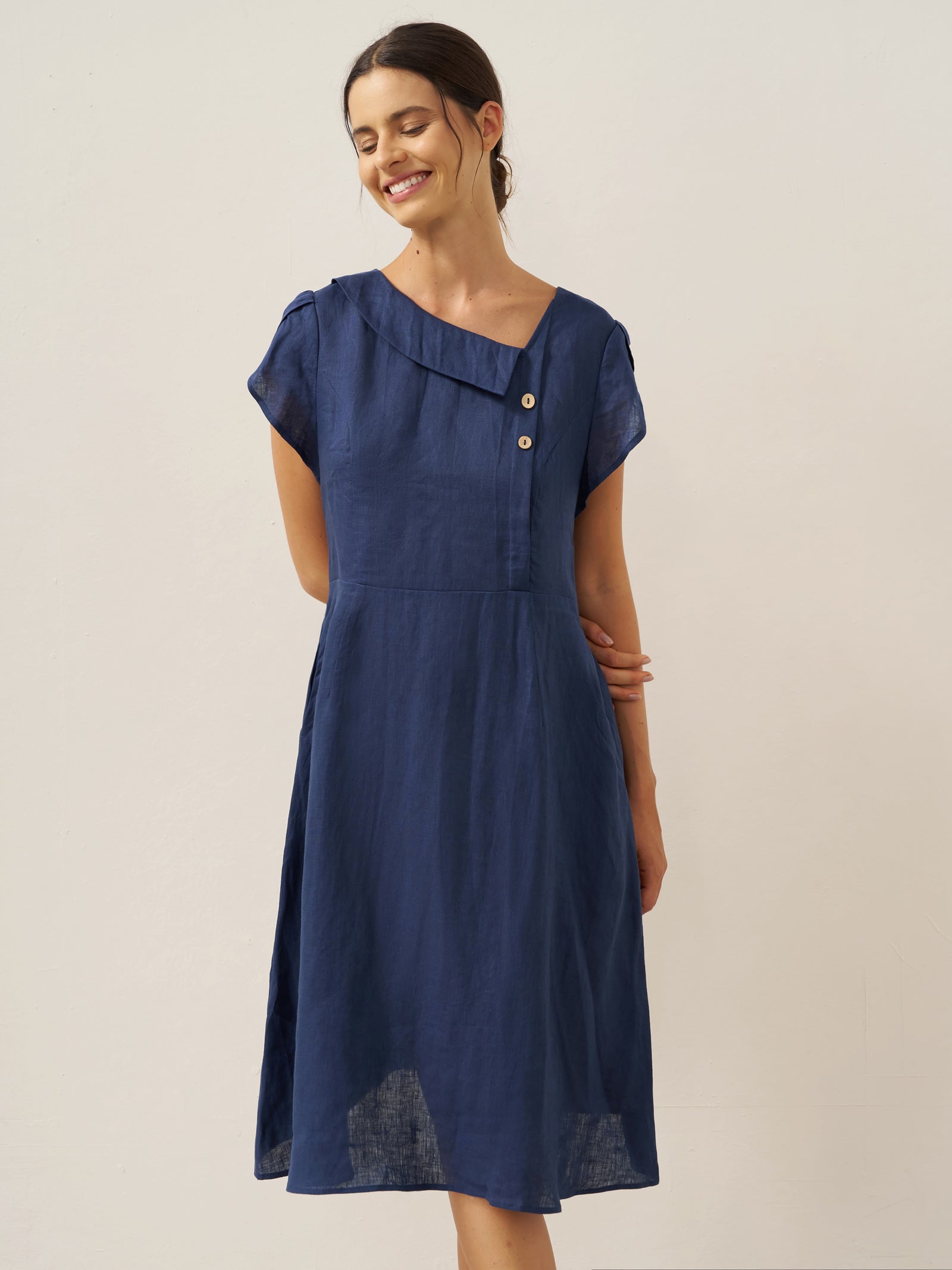 100% Linen Crescent Collar Flutter Sleeve Mini Dress FIONA