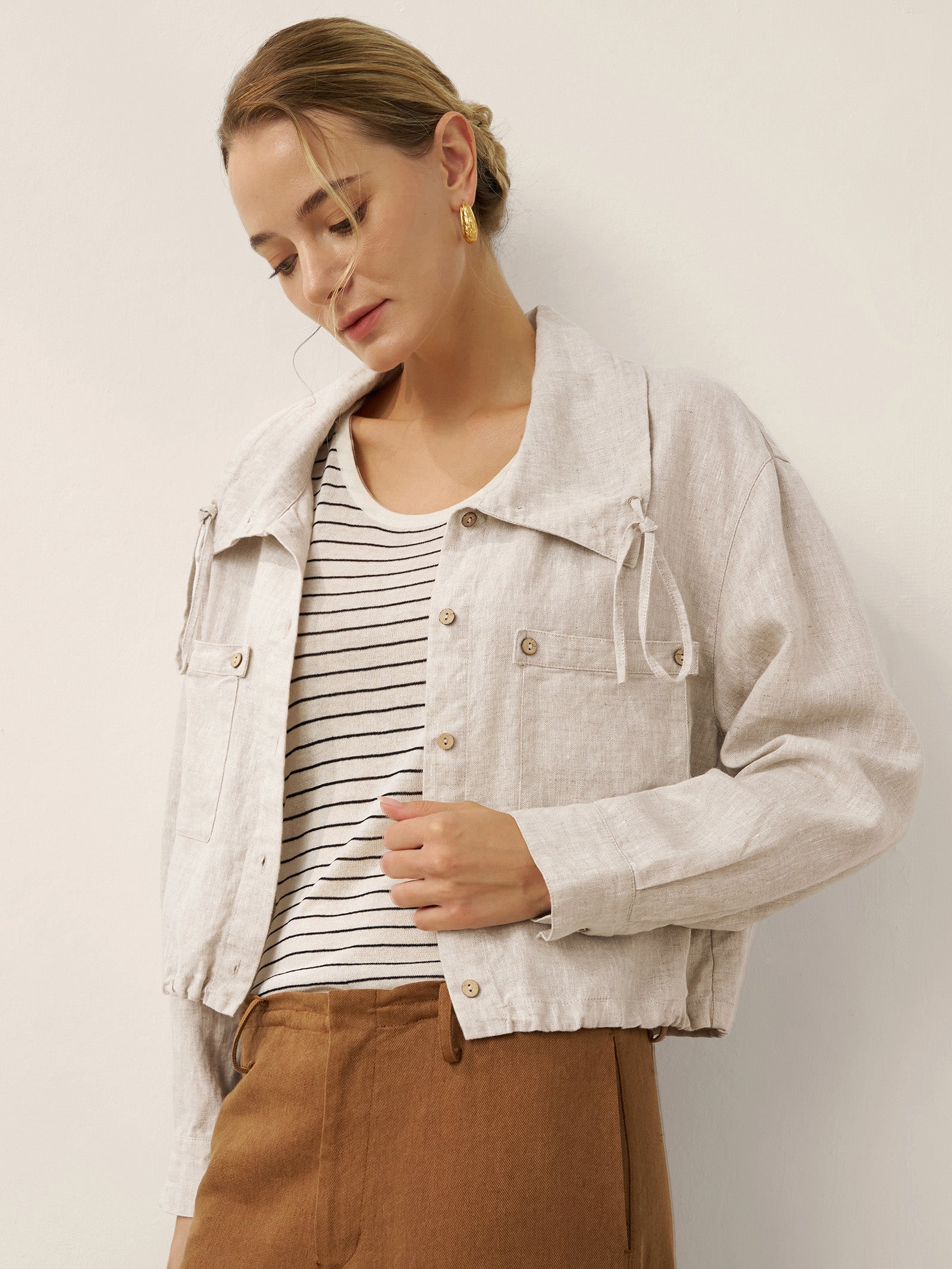 100% Linen Drawstring Convertible Lapel Jacket LAYNE