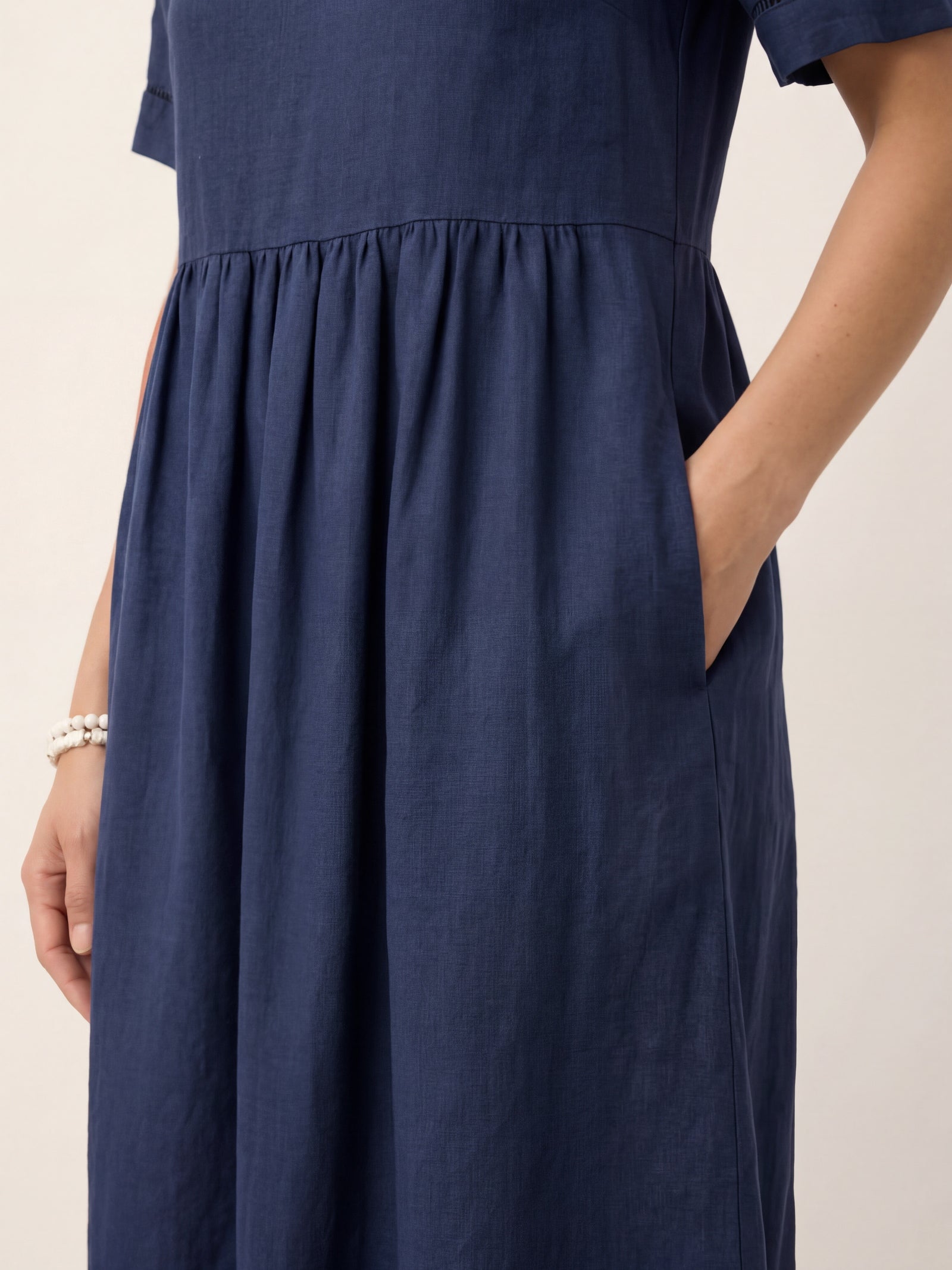 100% Linen Embroidered Cuff Split Neck Midi Dress OCTAVIA