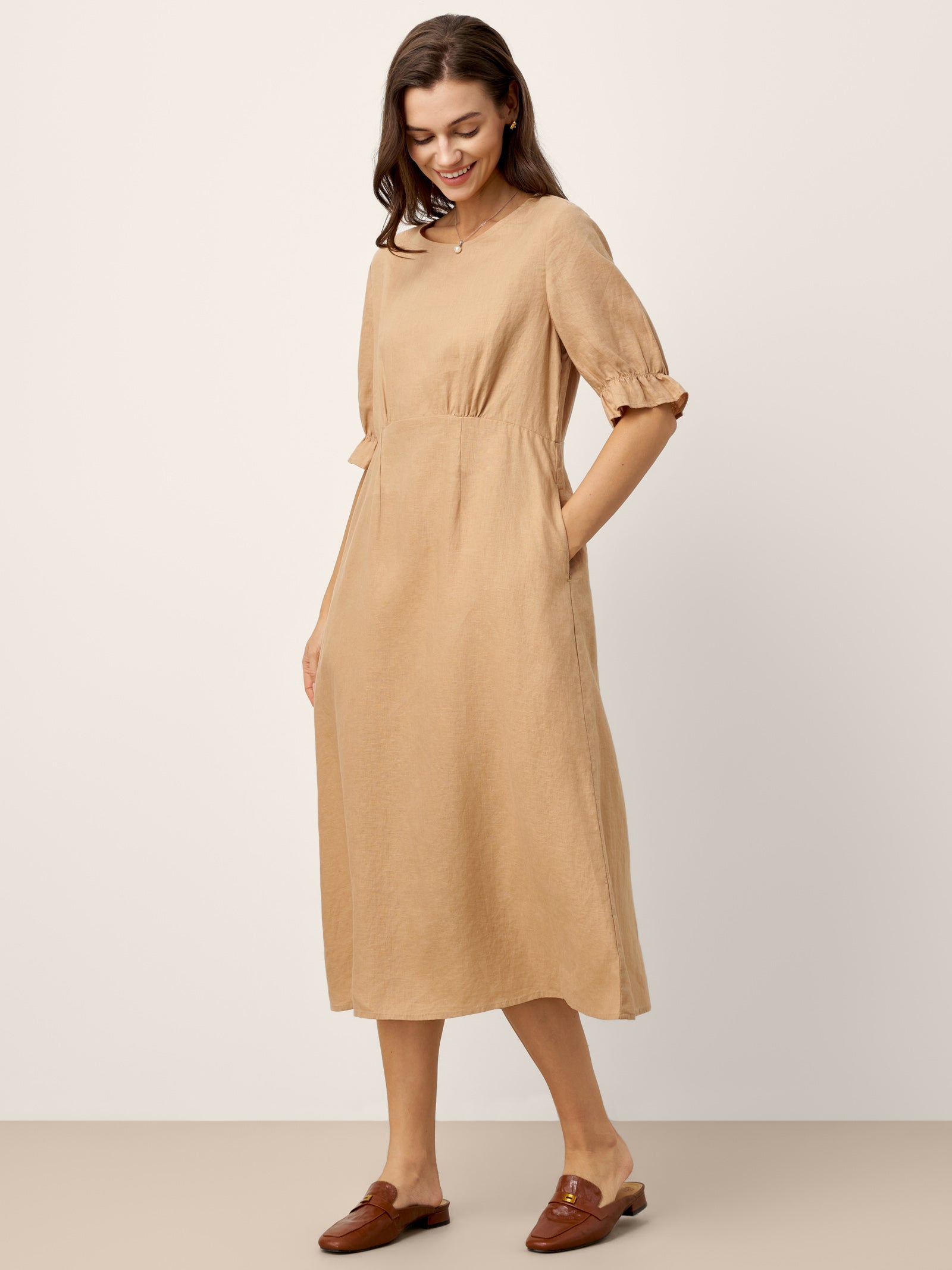 100% Linen Round Neck High Waist Ruffle Sleeve Maxi Dress ZEPHYRA