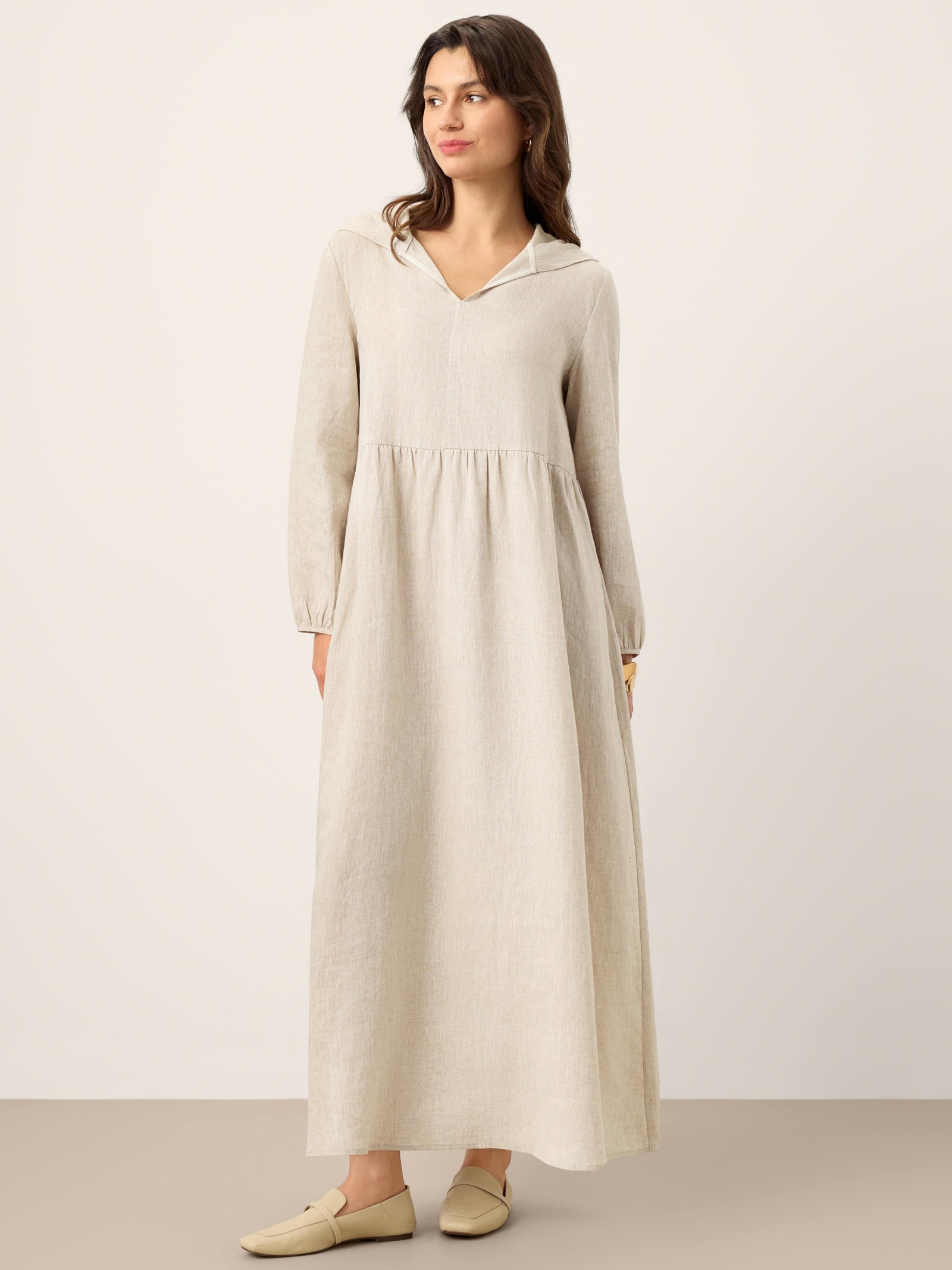 100% Linen Sculpted-Hood Caftan Midi Dress LINETTE