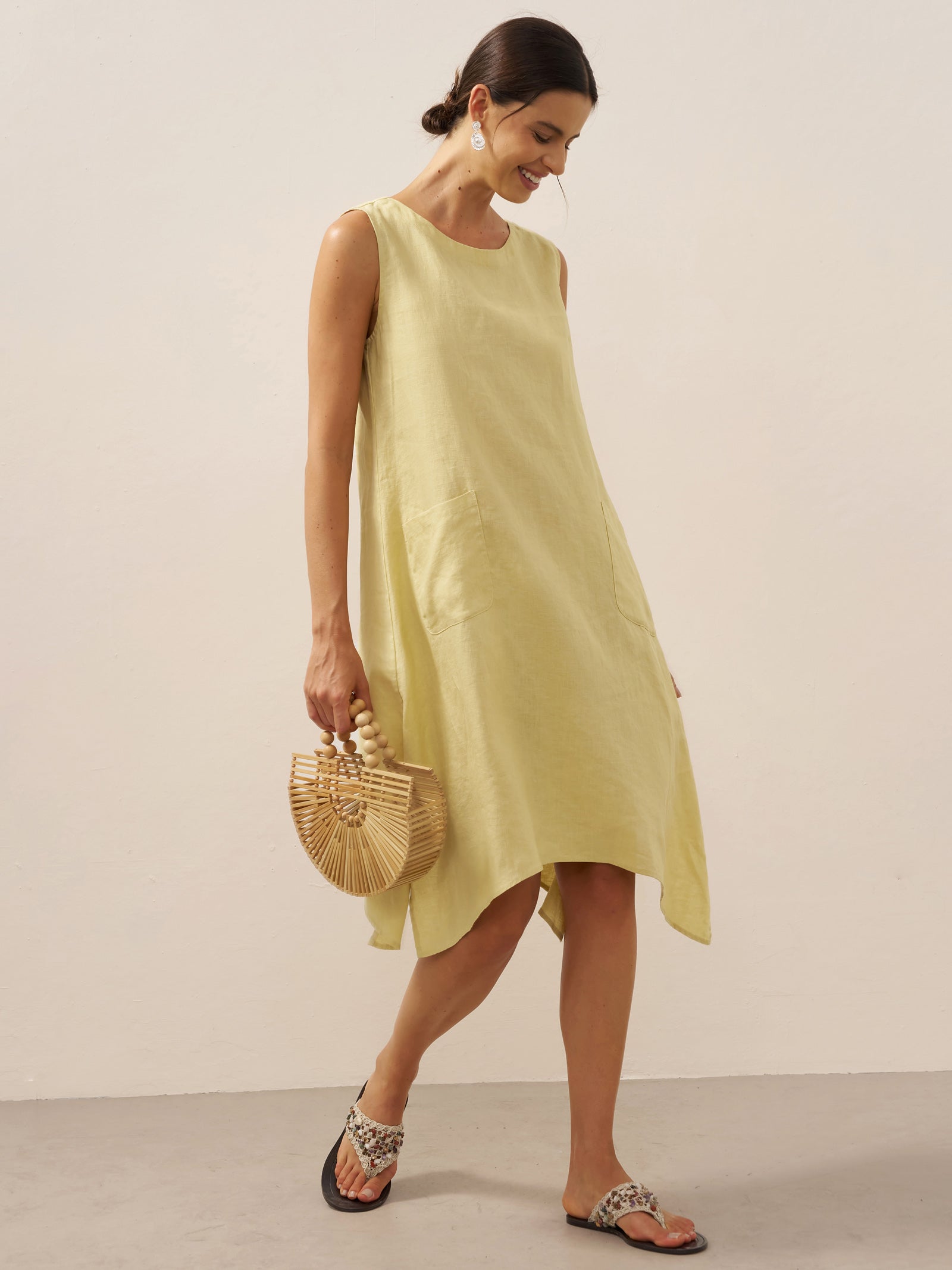 100% Linen Sleeveless Pocket A-Line Mini Dress Luz