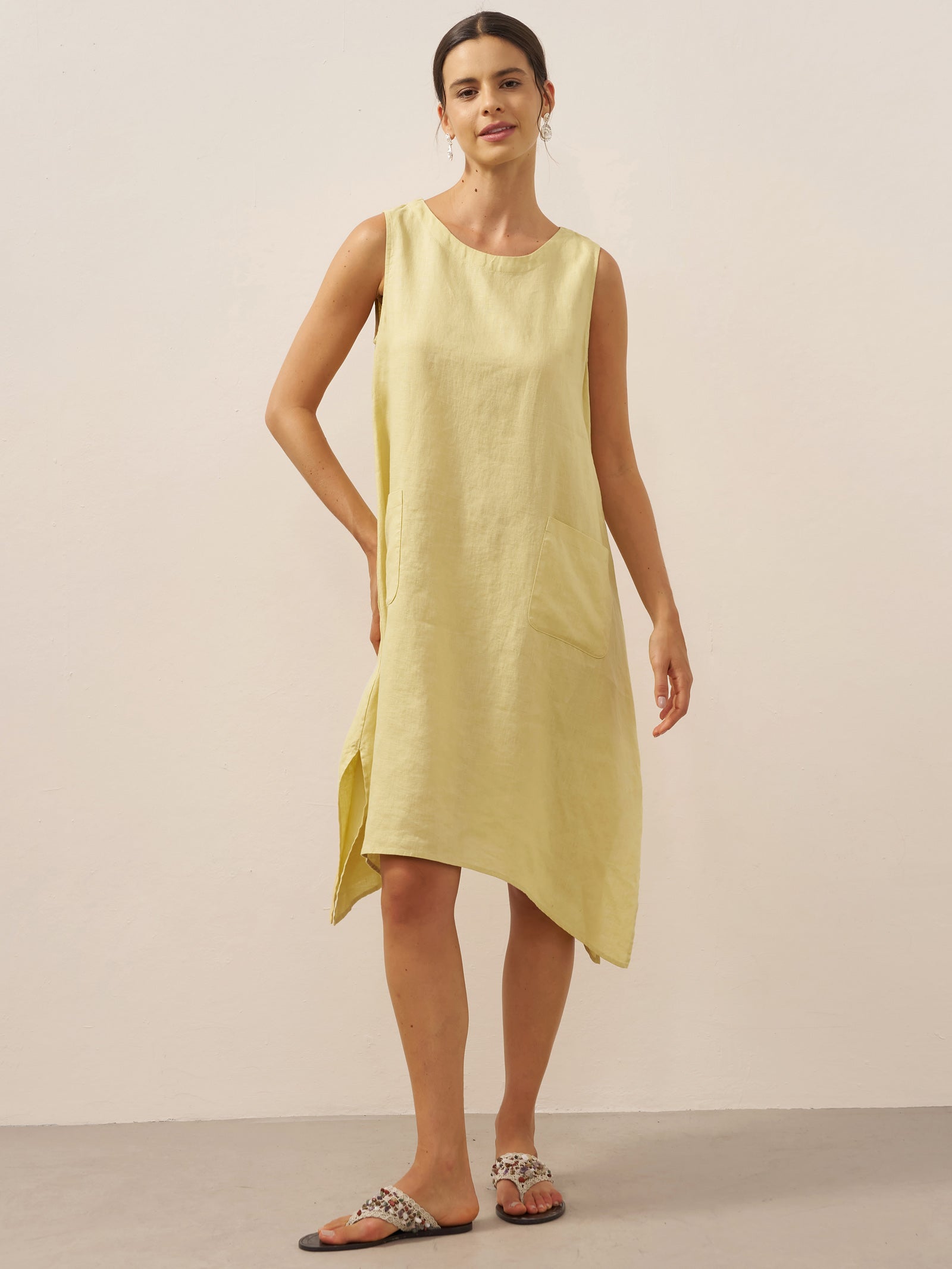 100% Linen Sleeveless Pocket A-Line Mini Dress Luz