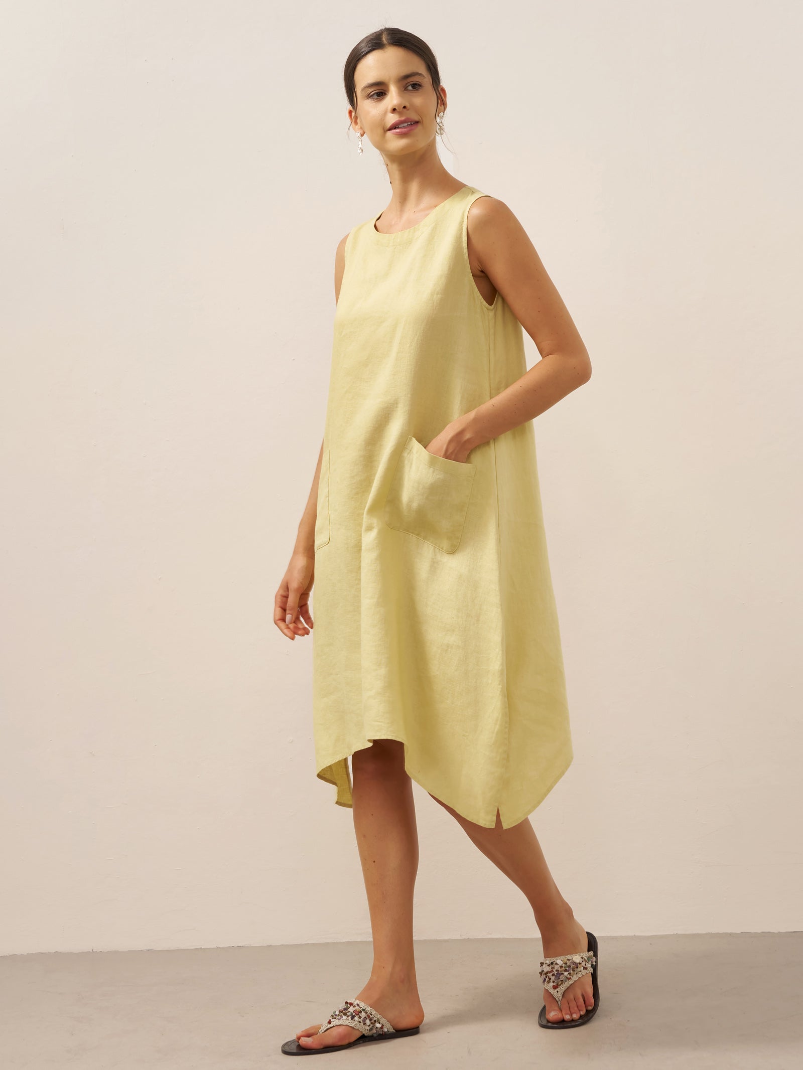100% Linen Sleeveless Pocket A-Line Mini Dress Luz
