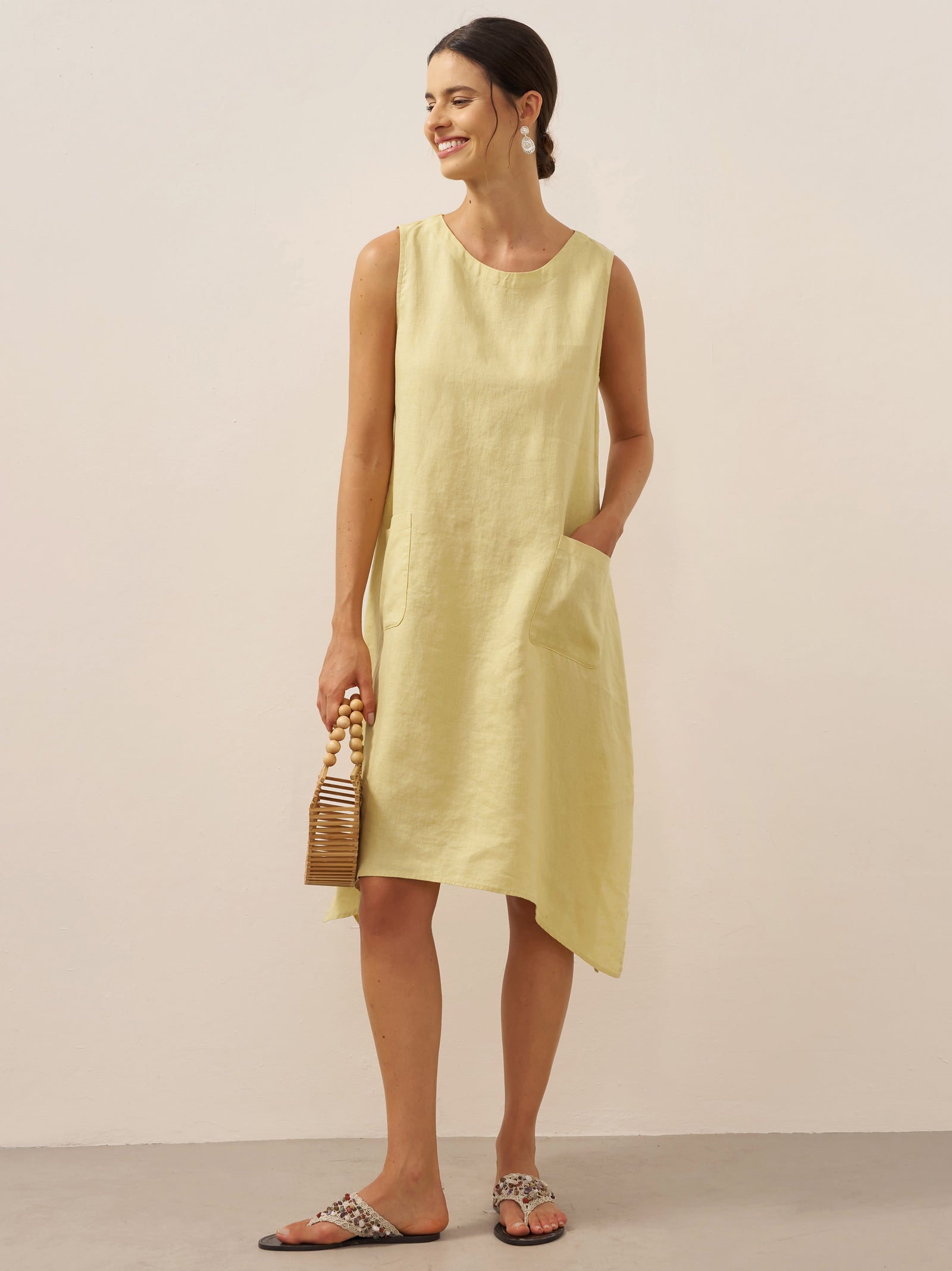 100% Linen Sleeveless Pocket A-Line Mini Dress Luz