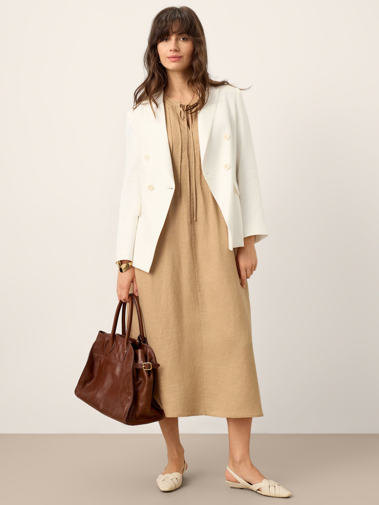 100% Linen Sleeveless Tie-Neck Pintucked Midi Dress MILLICENT