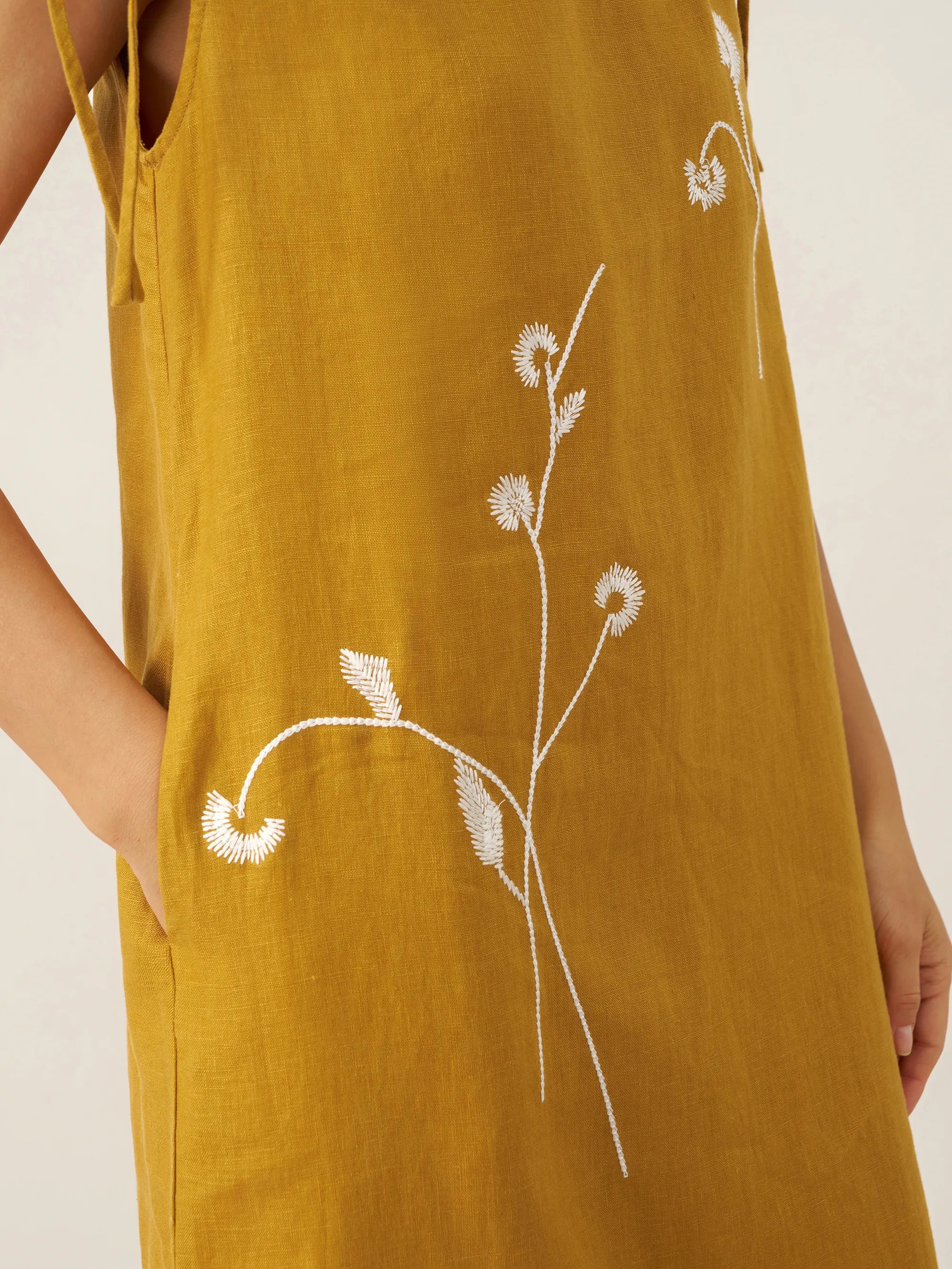 100% Linen Smocked Shoulder Embroidered Maxi Dress Beline