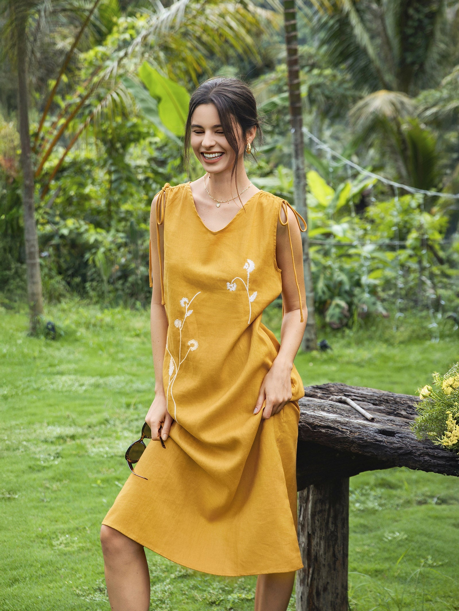 100% Linen Smocked Shoulder Embroidered Maxi Dress Beline