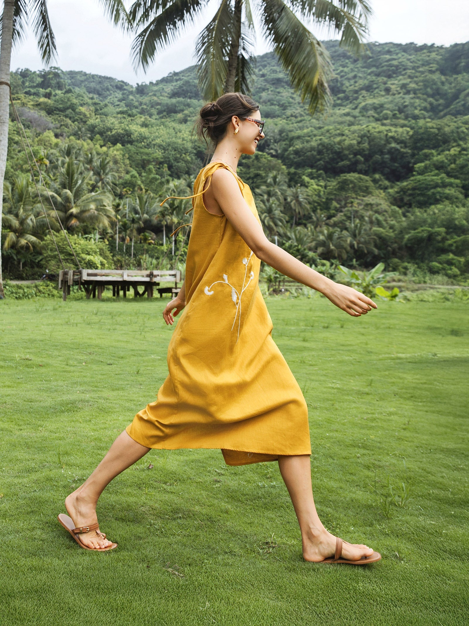100% Linen Smocked Shoulder Embroidered Maxi Dress Beline