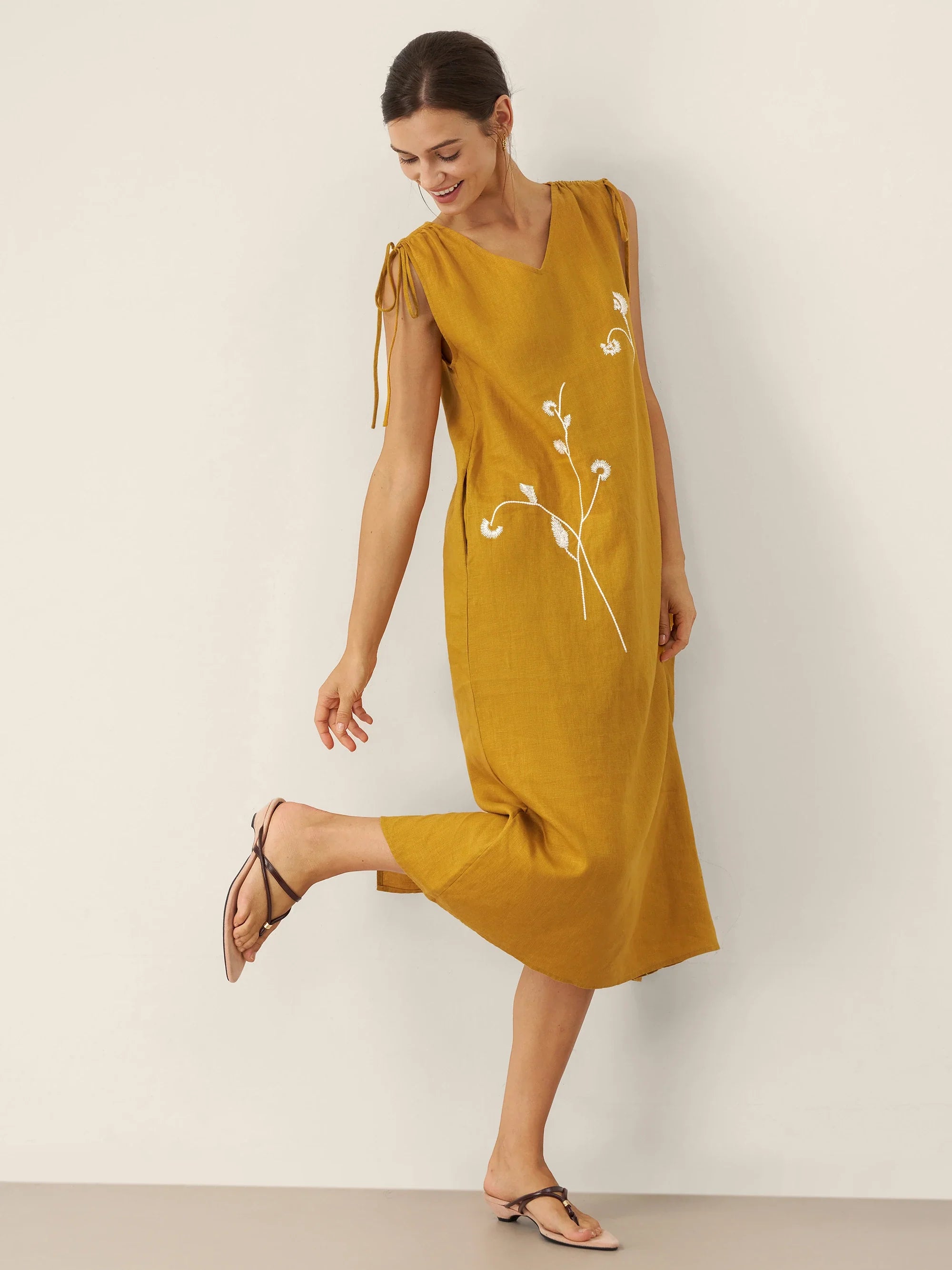 100% Linen Smocked Shoulder Embroidered Maxi Dress Beline