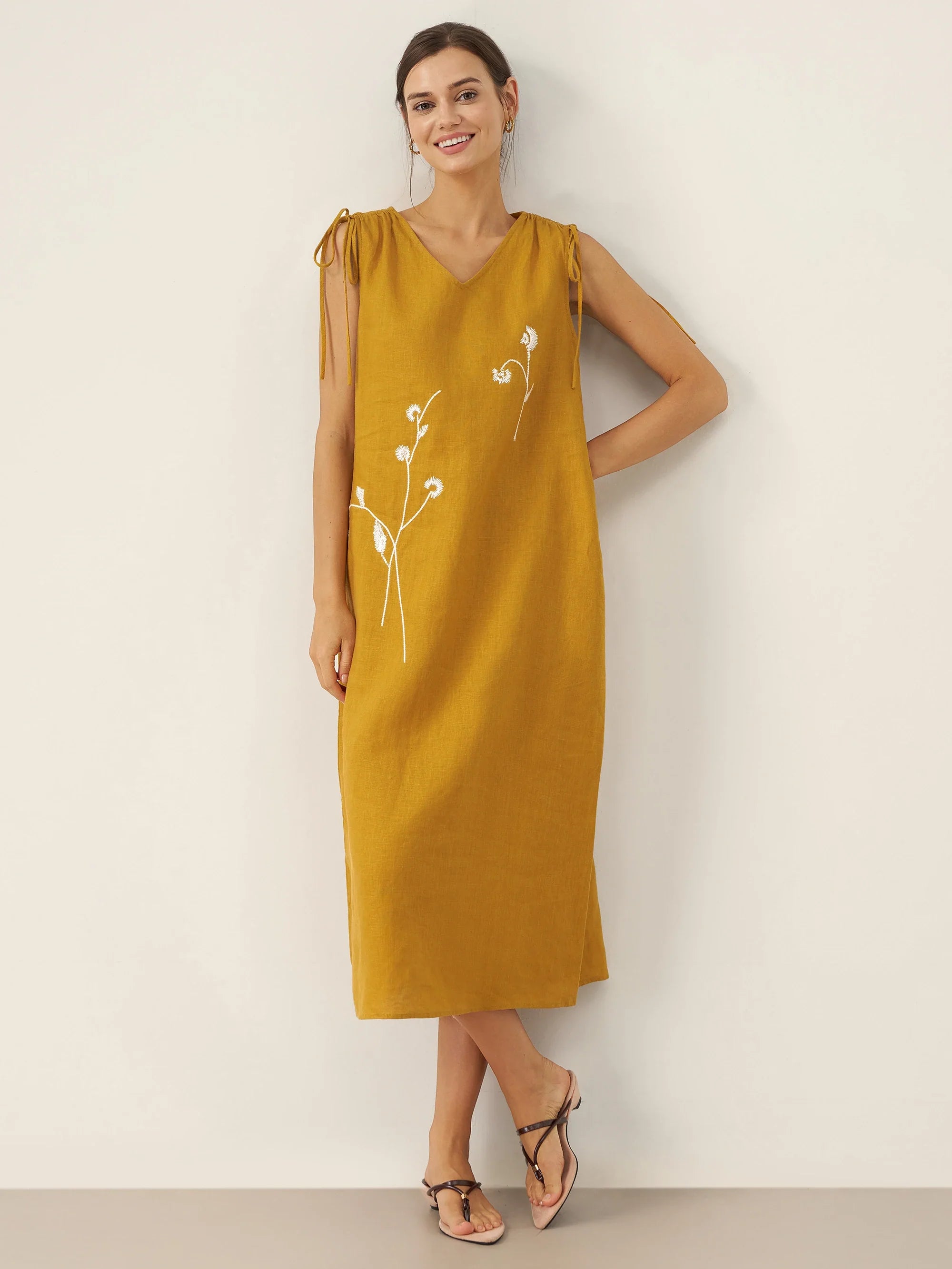 100% Linen Smocked Shoulder Embroidered Maxi Dress Beline