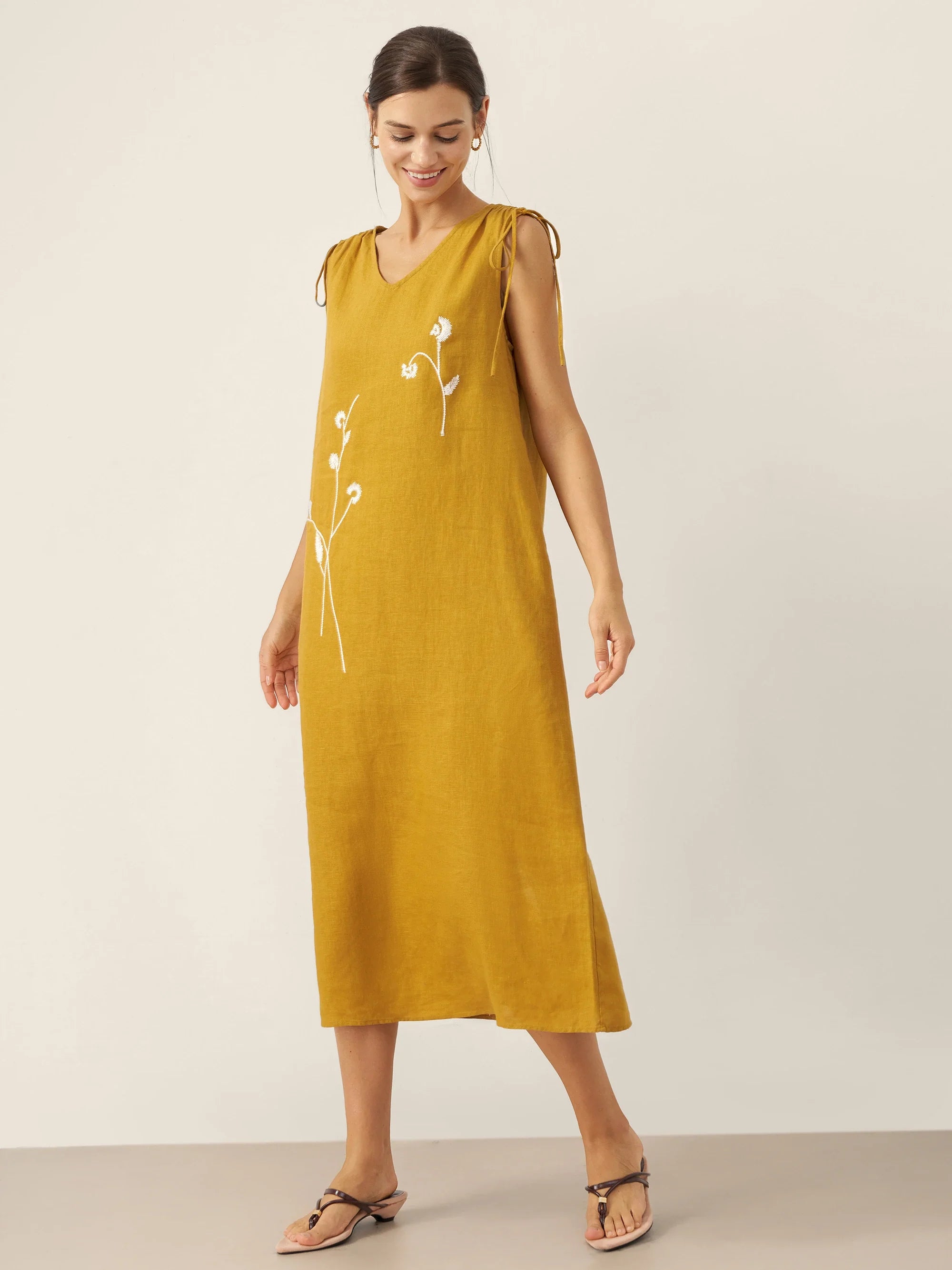 100% Linen Smocked Shoulder Embroidered Maxi Dress Beline