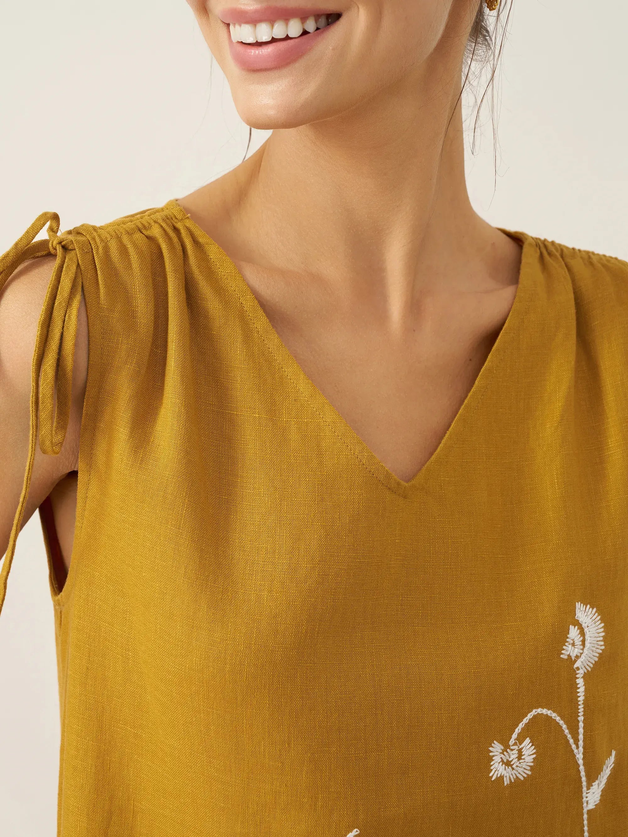 100% Linen Smocked Shoulder Embroidered Maxi Dress Beline
