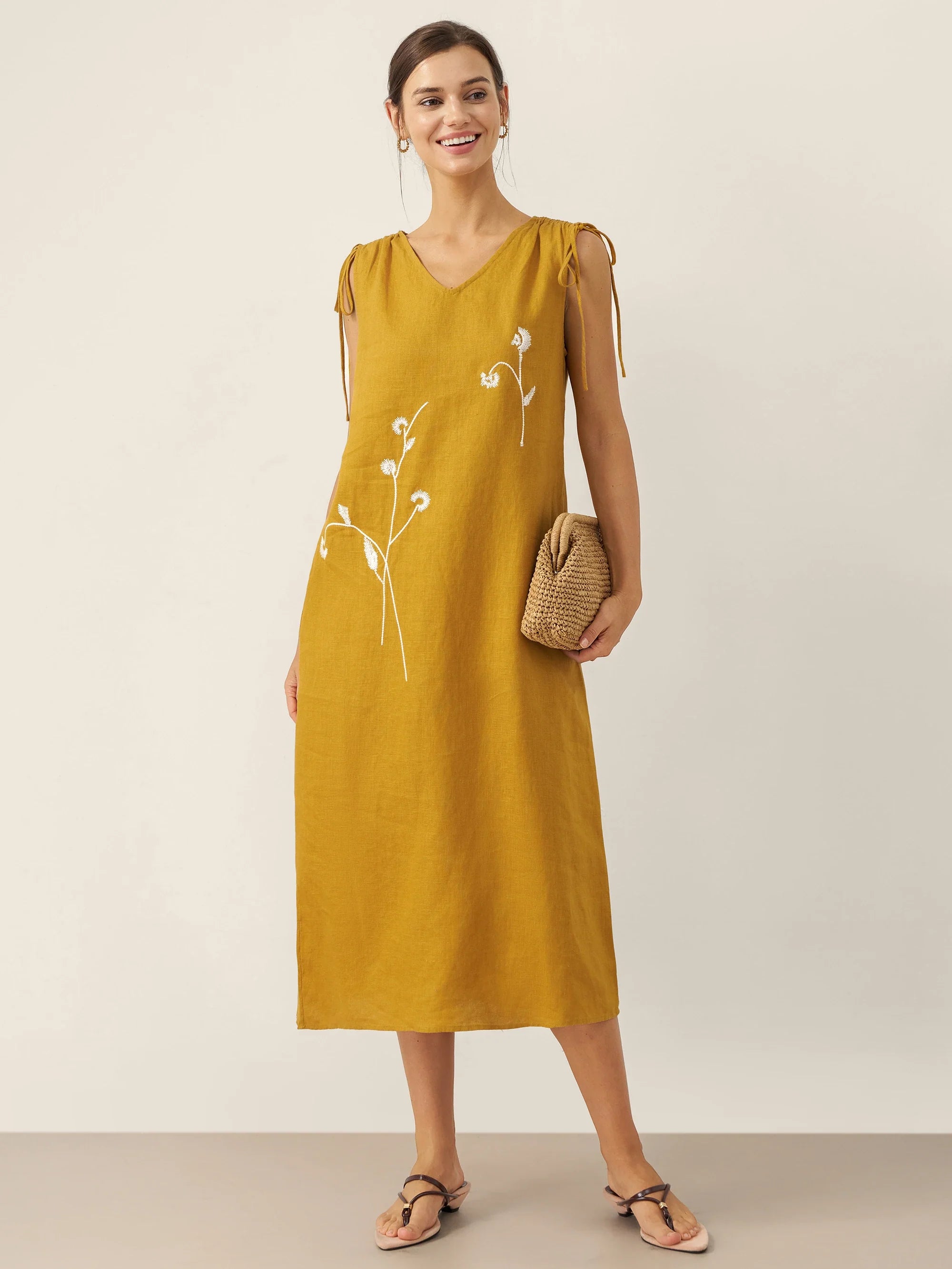 100% Linen Smocked Shoulder Embroidered Maxi Dress Beline