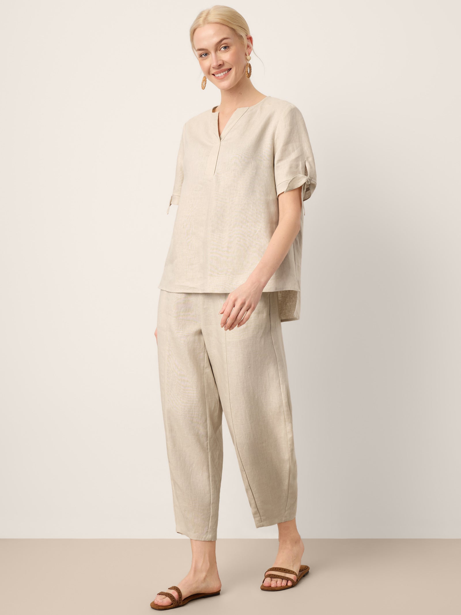 100% Linen Tie Cuff Notched V-Neck Top LORAN