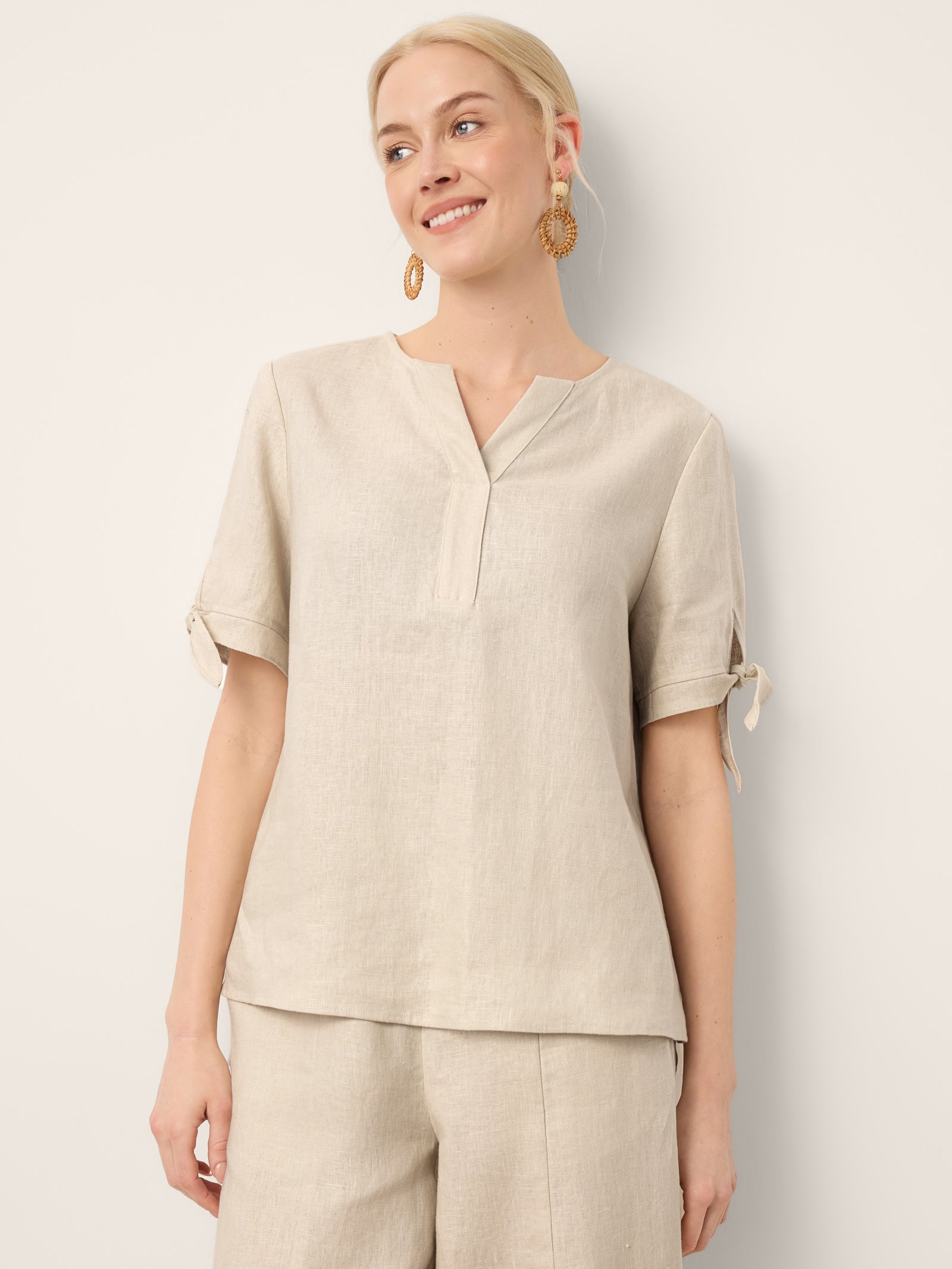 100% Linen Tie Cuff Notched V-Neck Top LORAN