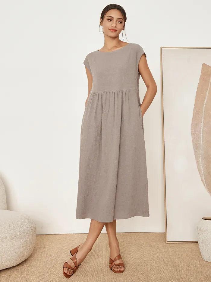 Linen Striped Cap Sleeve Washed Maxi Dress JOAN