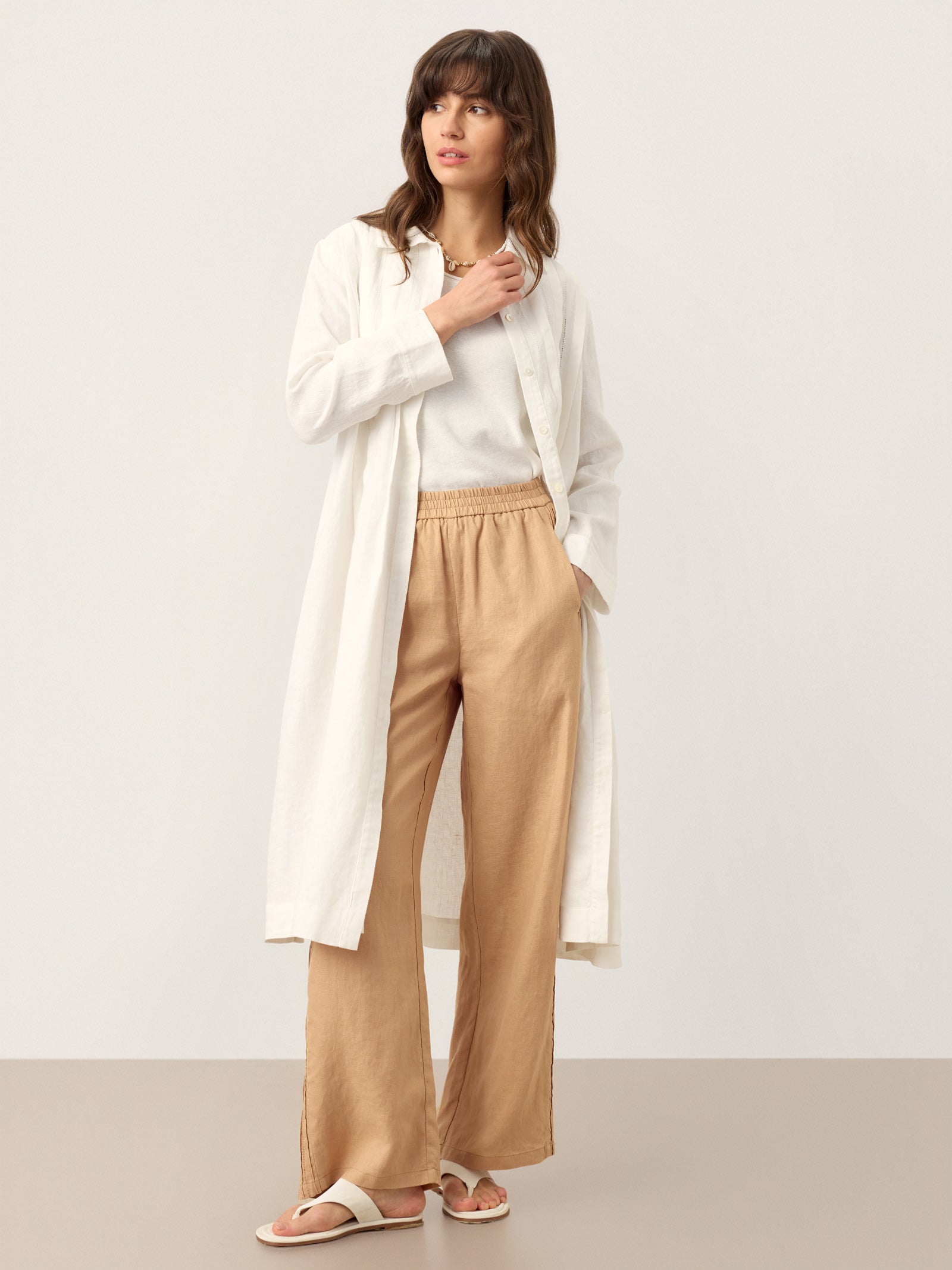 100% Linen Embroidered Pintuck Midi Shirt Dress SYLVIA