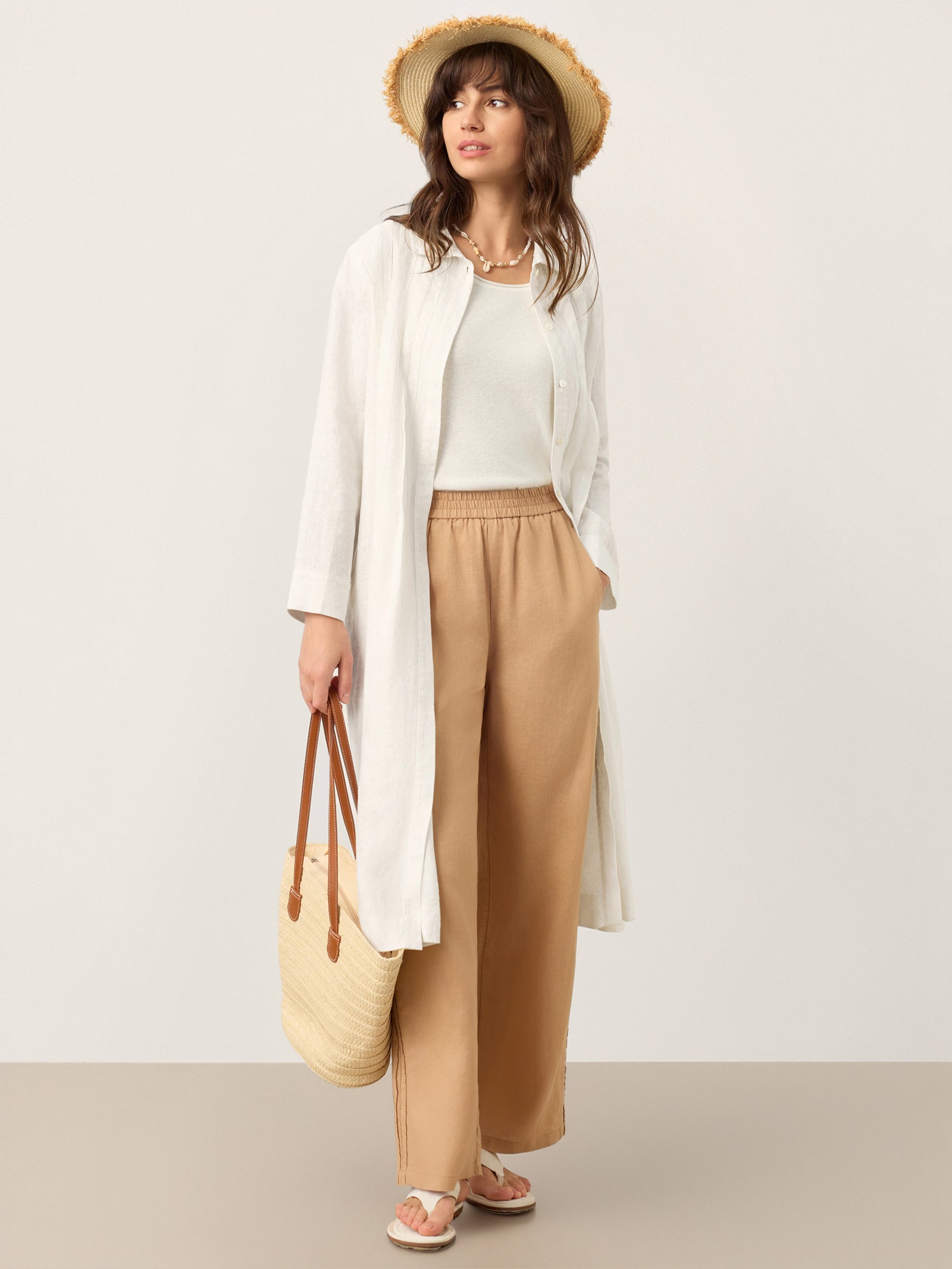100% Linen Embroidered Pintuck Midi Shirt Dress SYLVIA