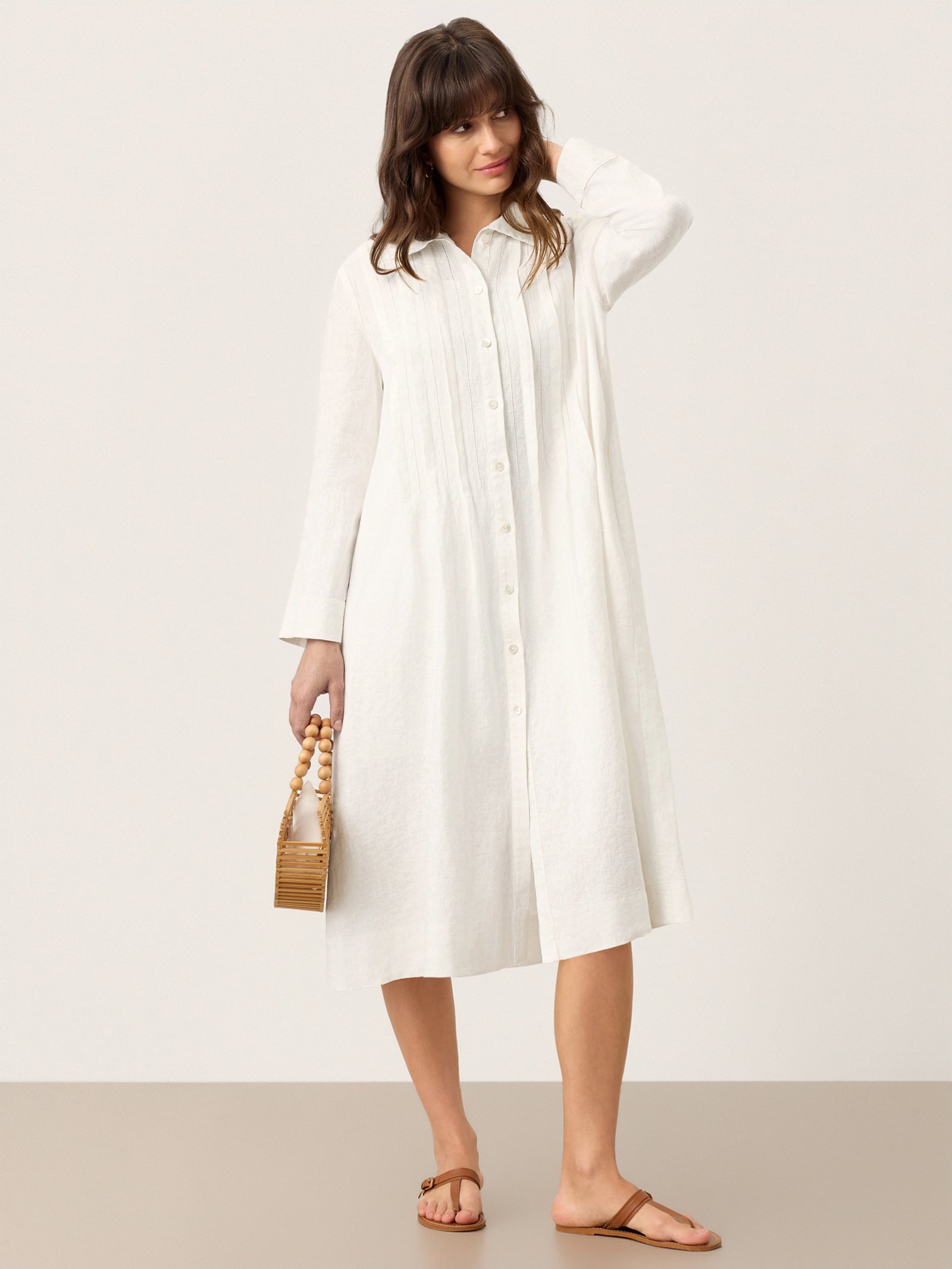 100% Linen Embroidered Pintuck Midi Shirt Dress SYLVIA