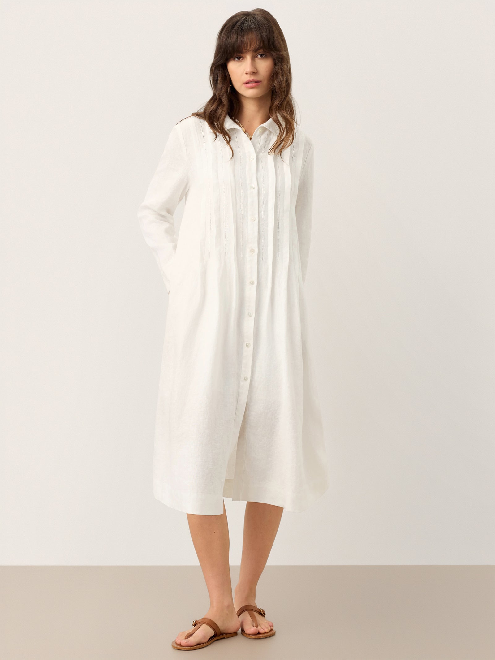 100% Linen Embroidered Pintuck Midi Shirt Dress SYLVIA