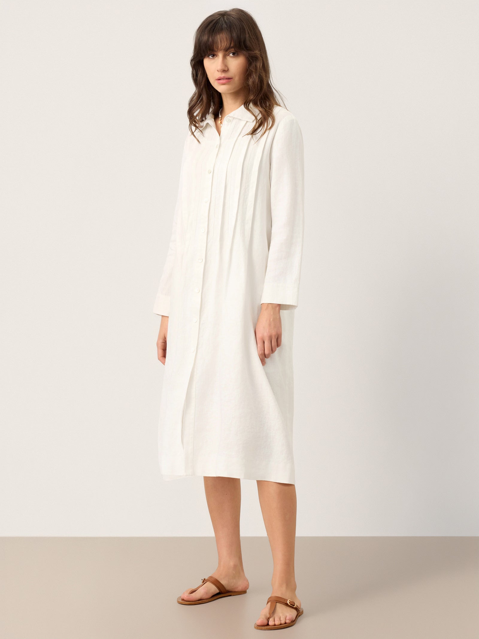 100% Linen Embroidered Pintuck Midi Shirt Dress SYLVIA