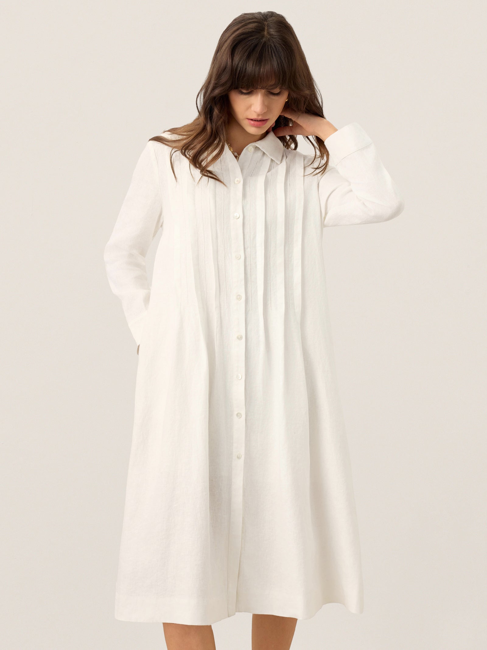 100% Linen Embroidered Pintuck Midi Shirt Dress SYLVIA