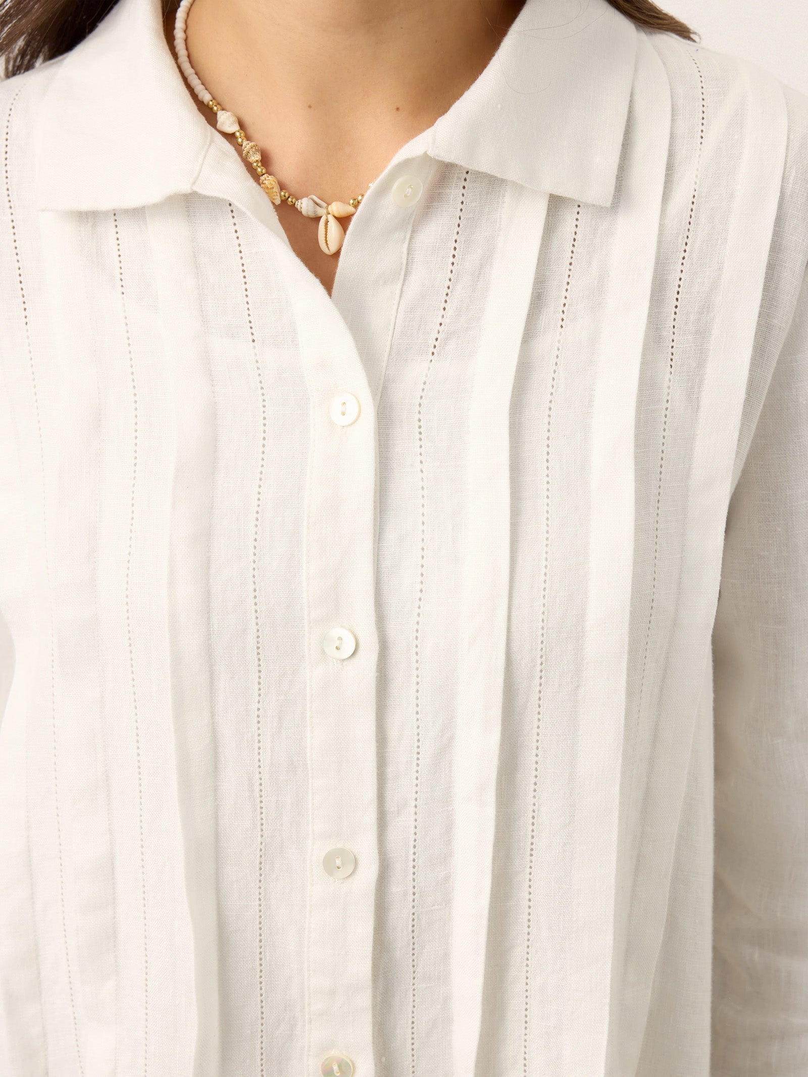 100% Linen Embroidered Pintuck Midi Shirt Dress SYLVIA