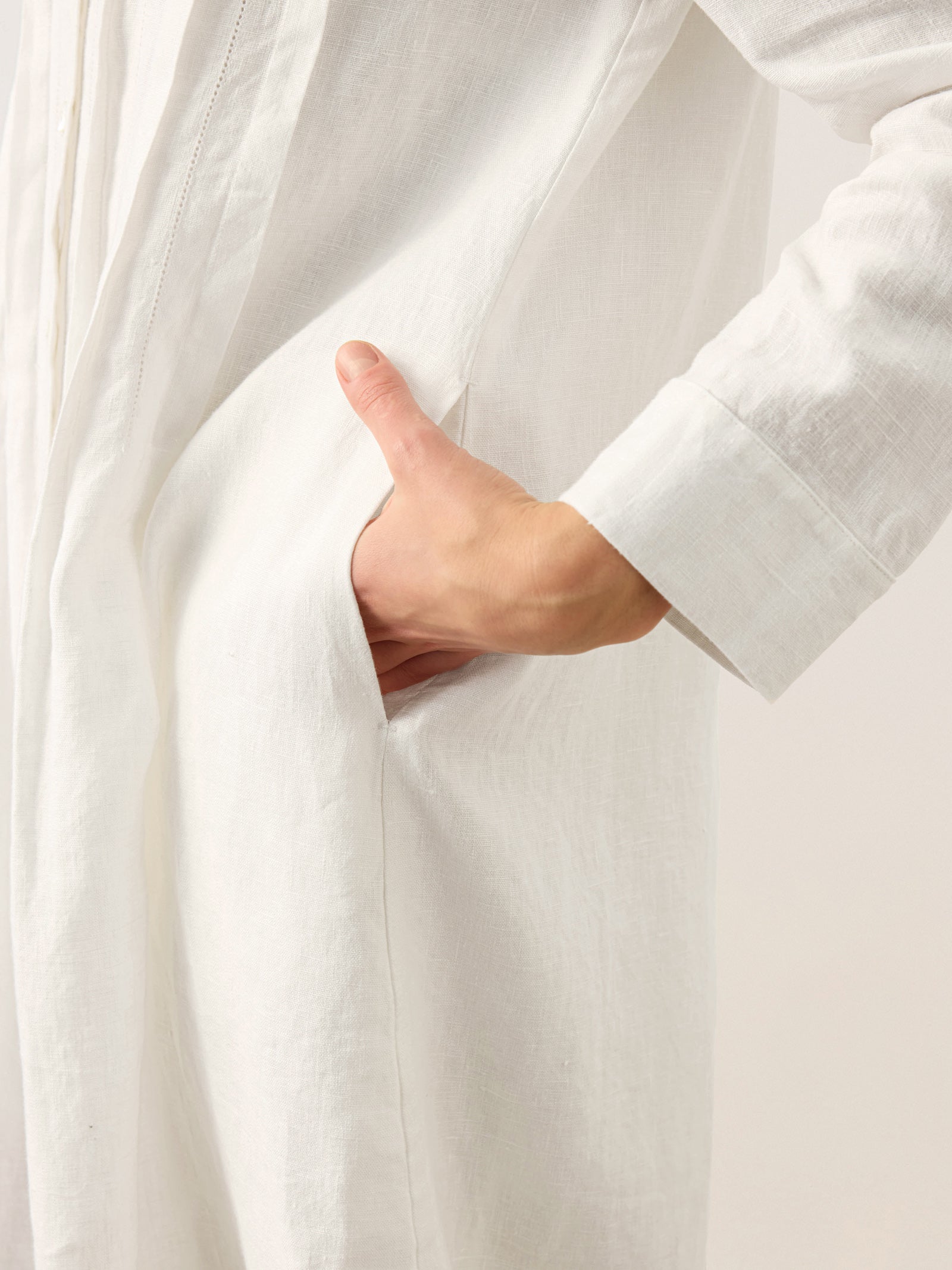 100% Linen Embroidered Pintuck Midi Shirt Dress SYLVIA