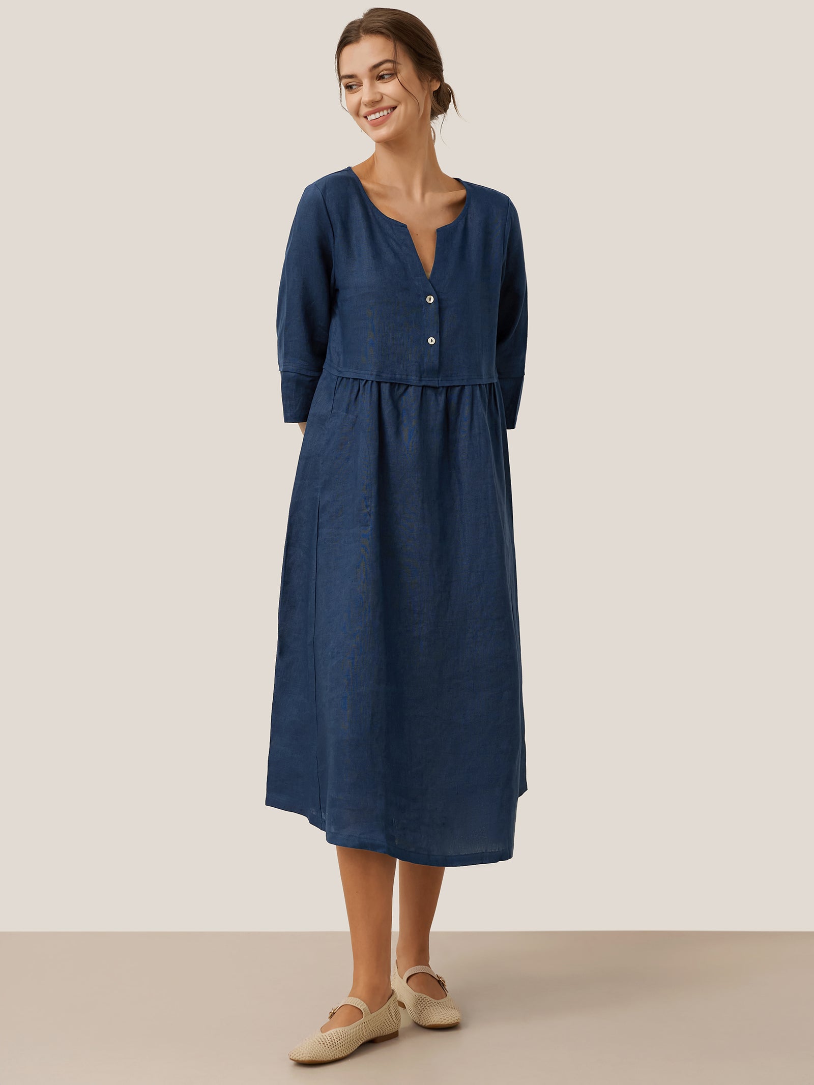 100% Linen Loose Fit Button Waist Gathered Midi Dress