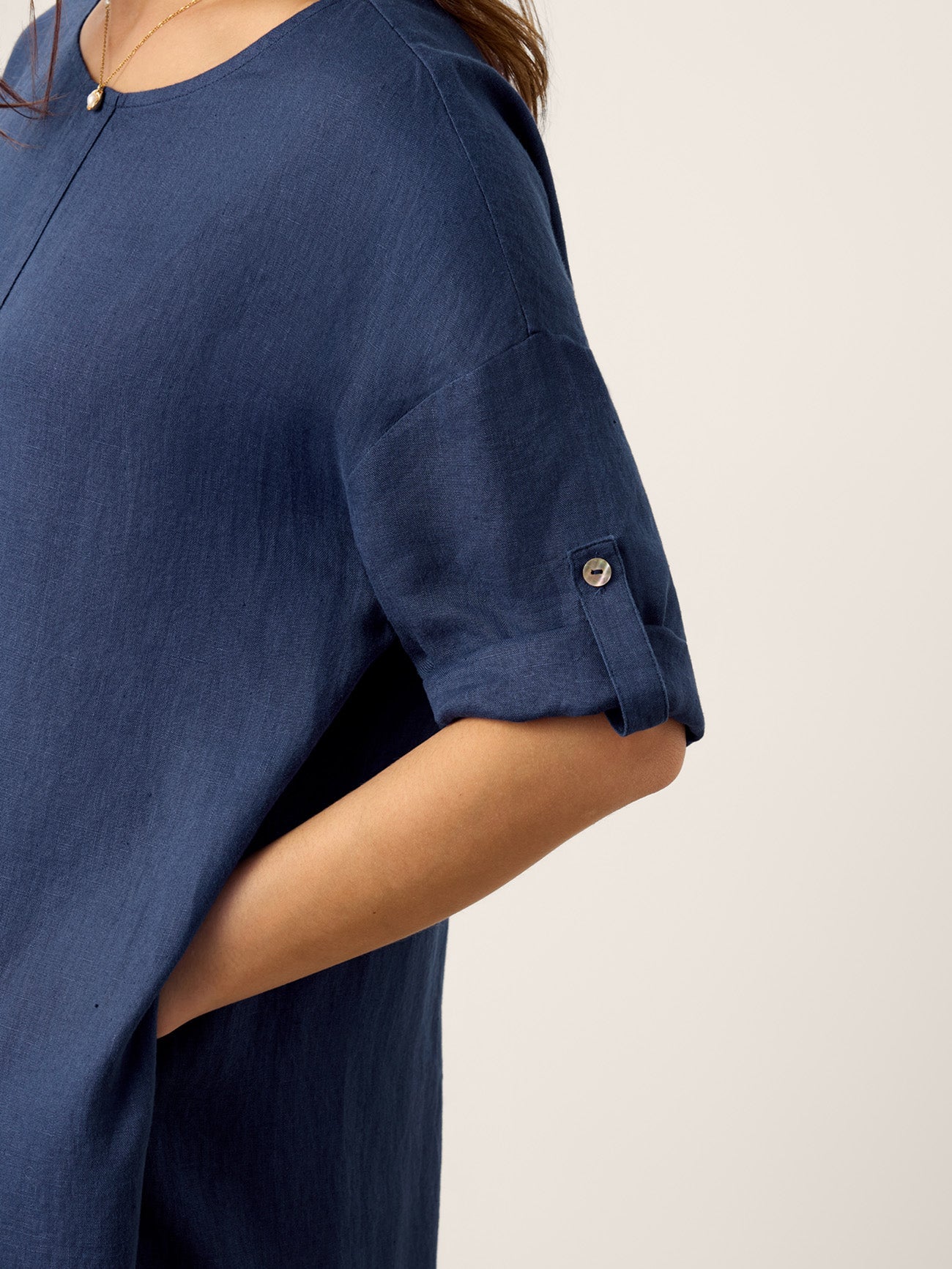 100% Linen Roll-Up Sleeve Inverted Pleat Maxi Dress MARIBEL