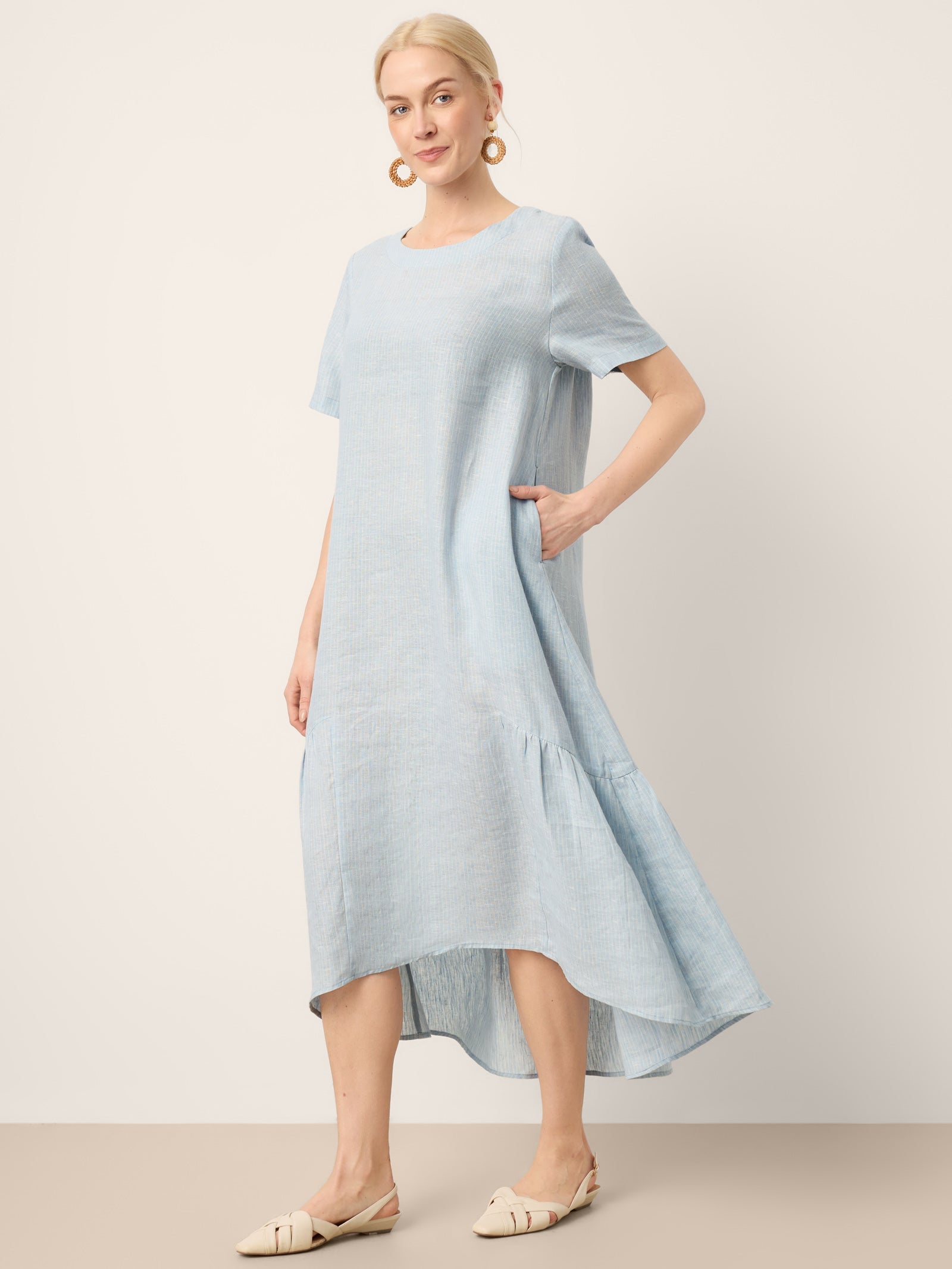 100% Linen A-Line Gathered Panel High-Low Maxi Dress LURLINE
