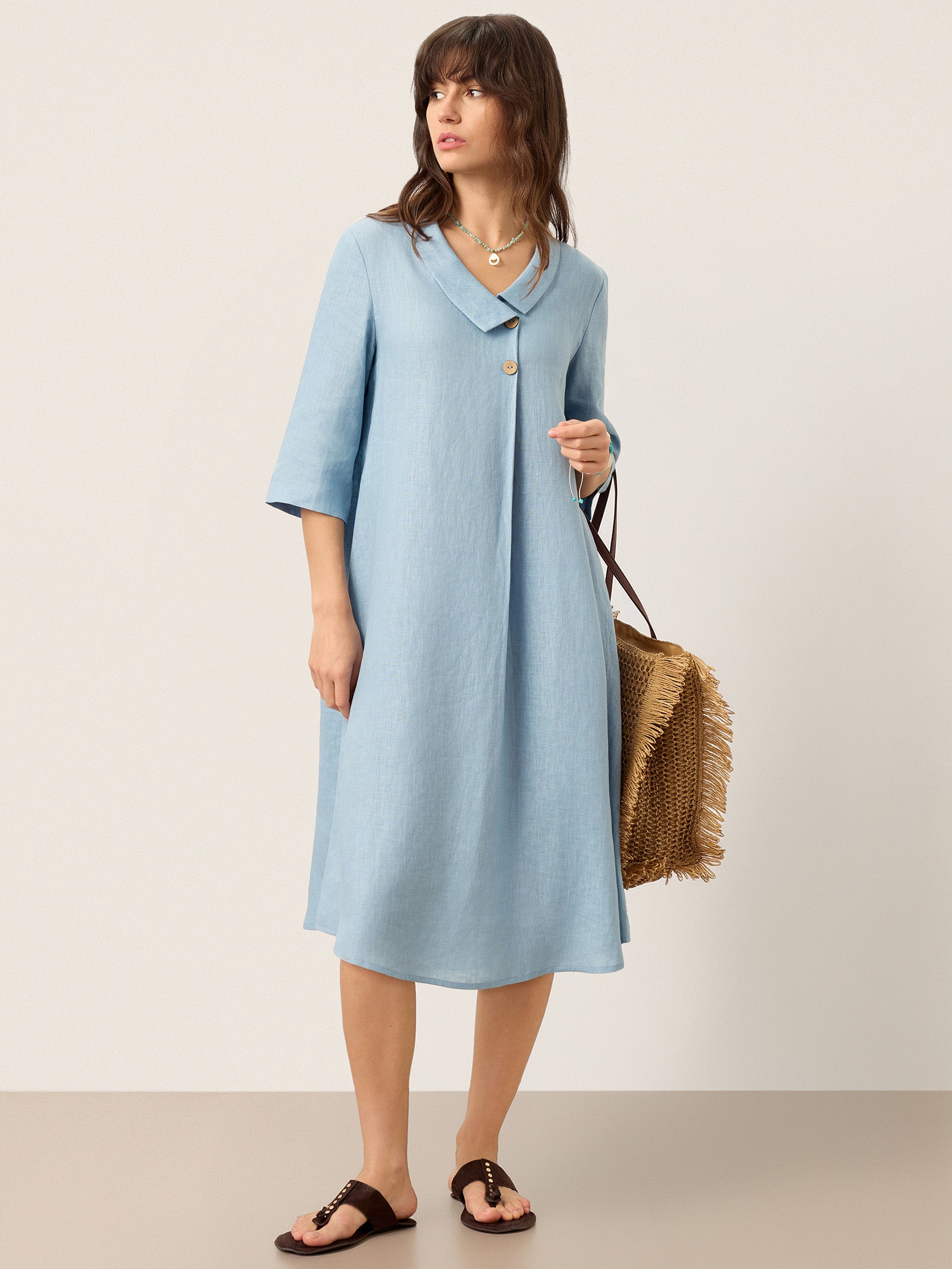 100% Linen Asymmetric Shawl Collar A-Line Midi Dress WINIFRED