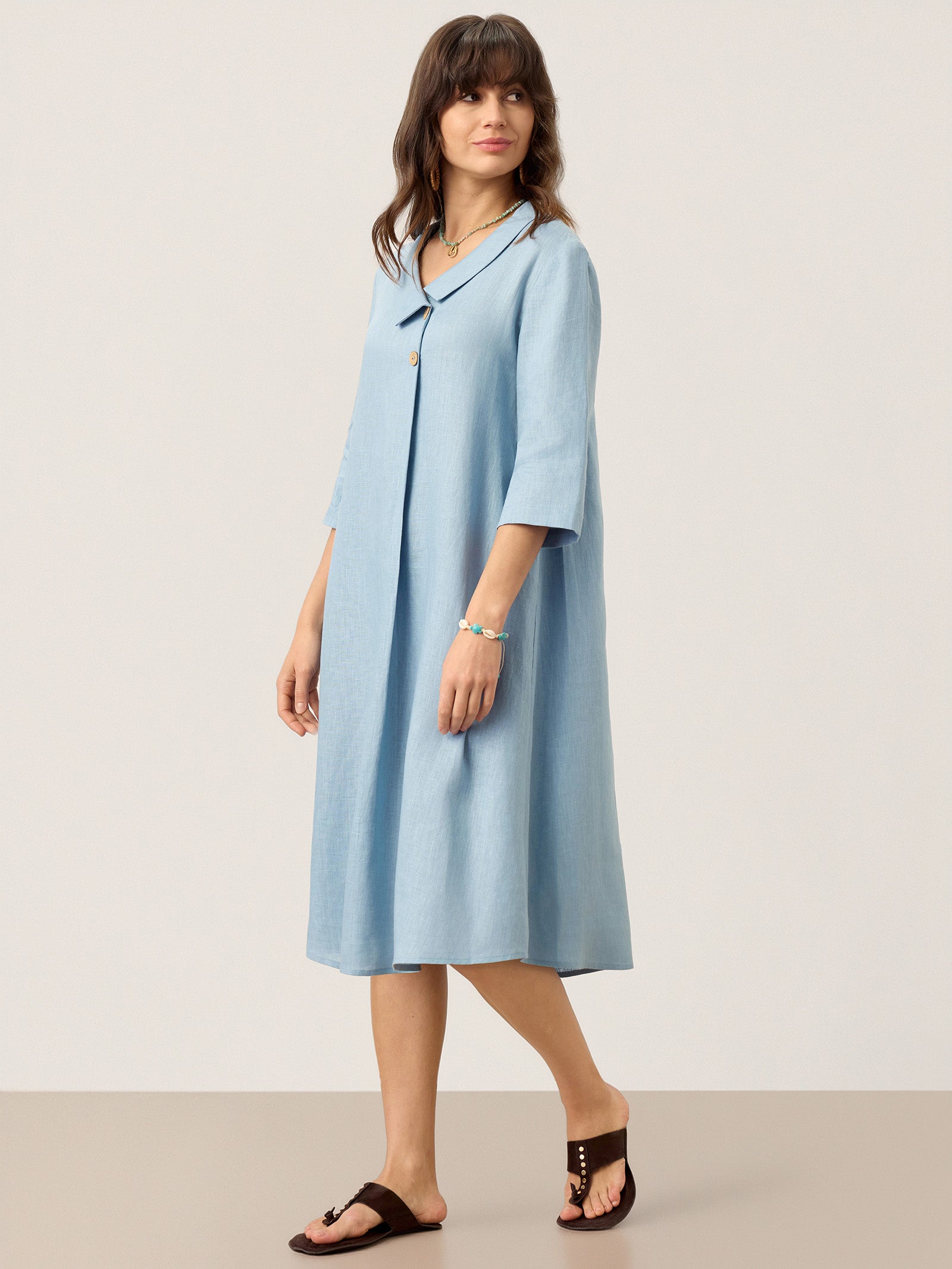 100% Linen Asymmetric Shawl Collar A-Line Midi Dress WINIFRED