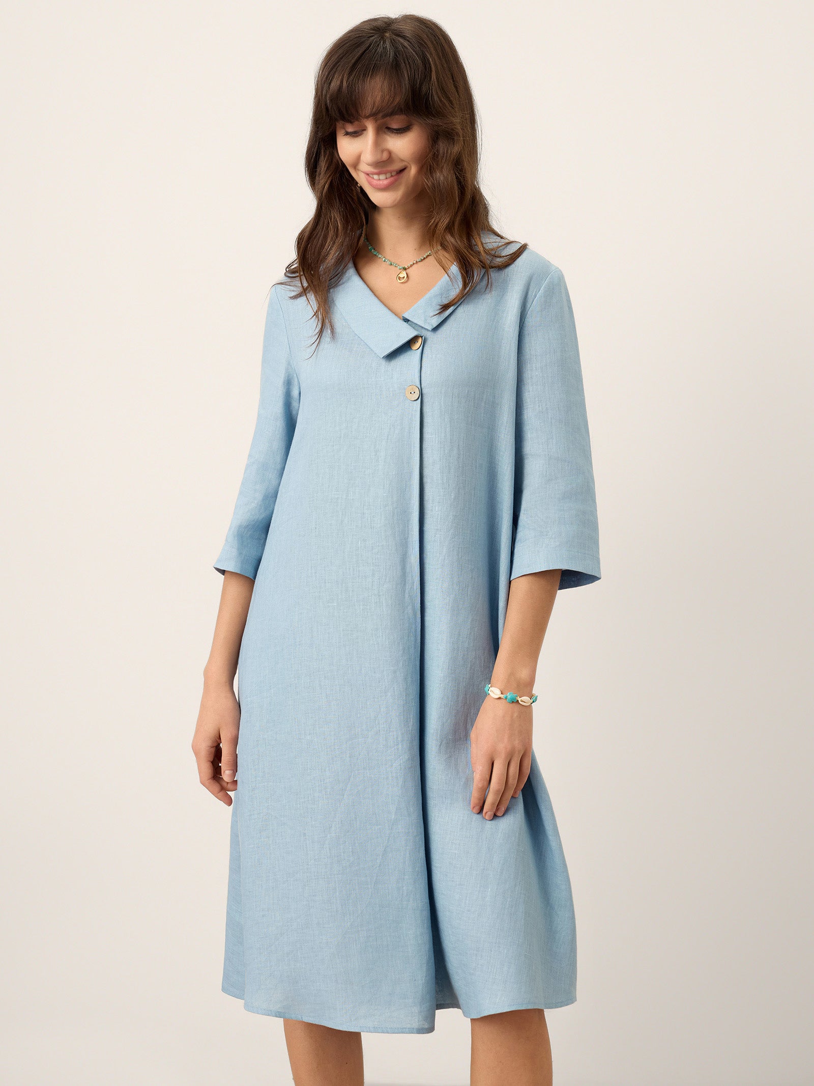 100% Linen Asymmetric Shawl Collar A-Line Midi Dress WINIFRED