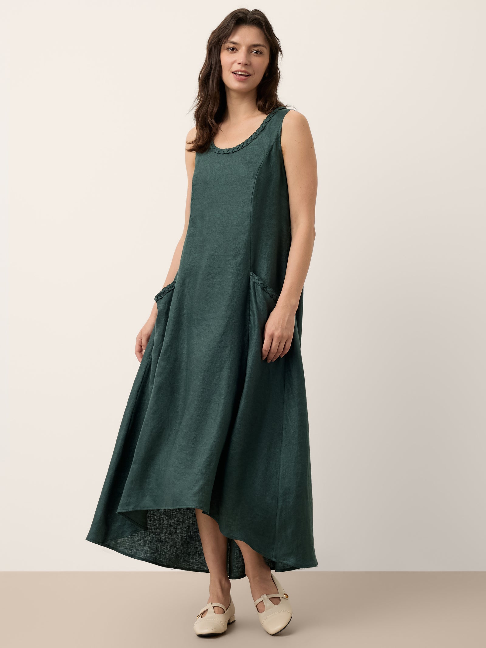 100% Linen Braided Neck Handkerchief Hem Maxi Dress CARISSA